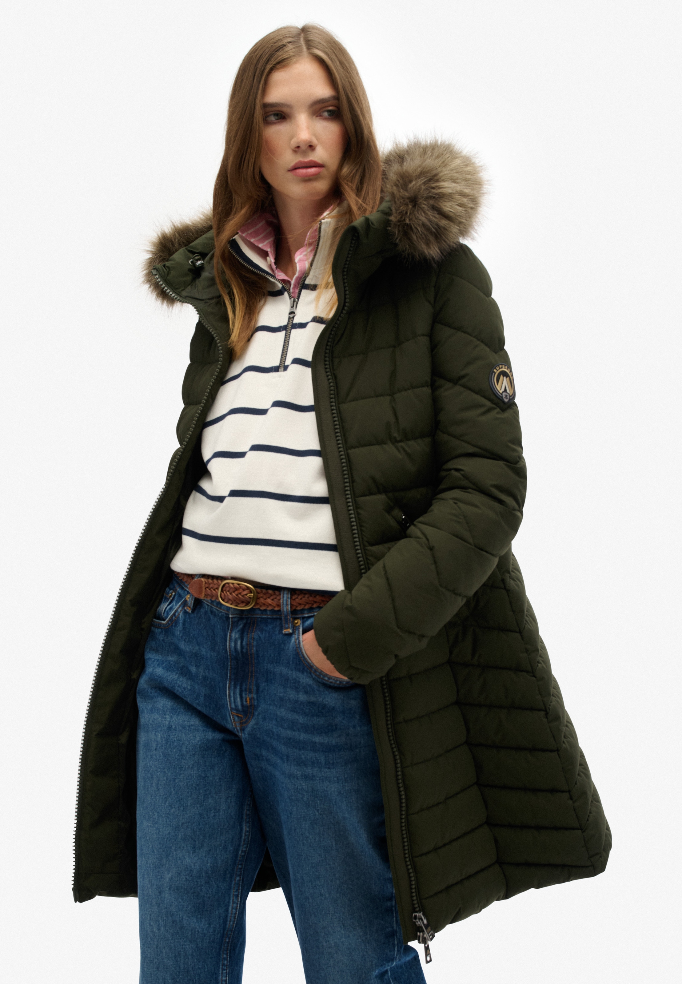 Superdry Steppjacke »FUJI FAUX FUR HOOD MID LENGTH« mit Kapuze