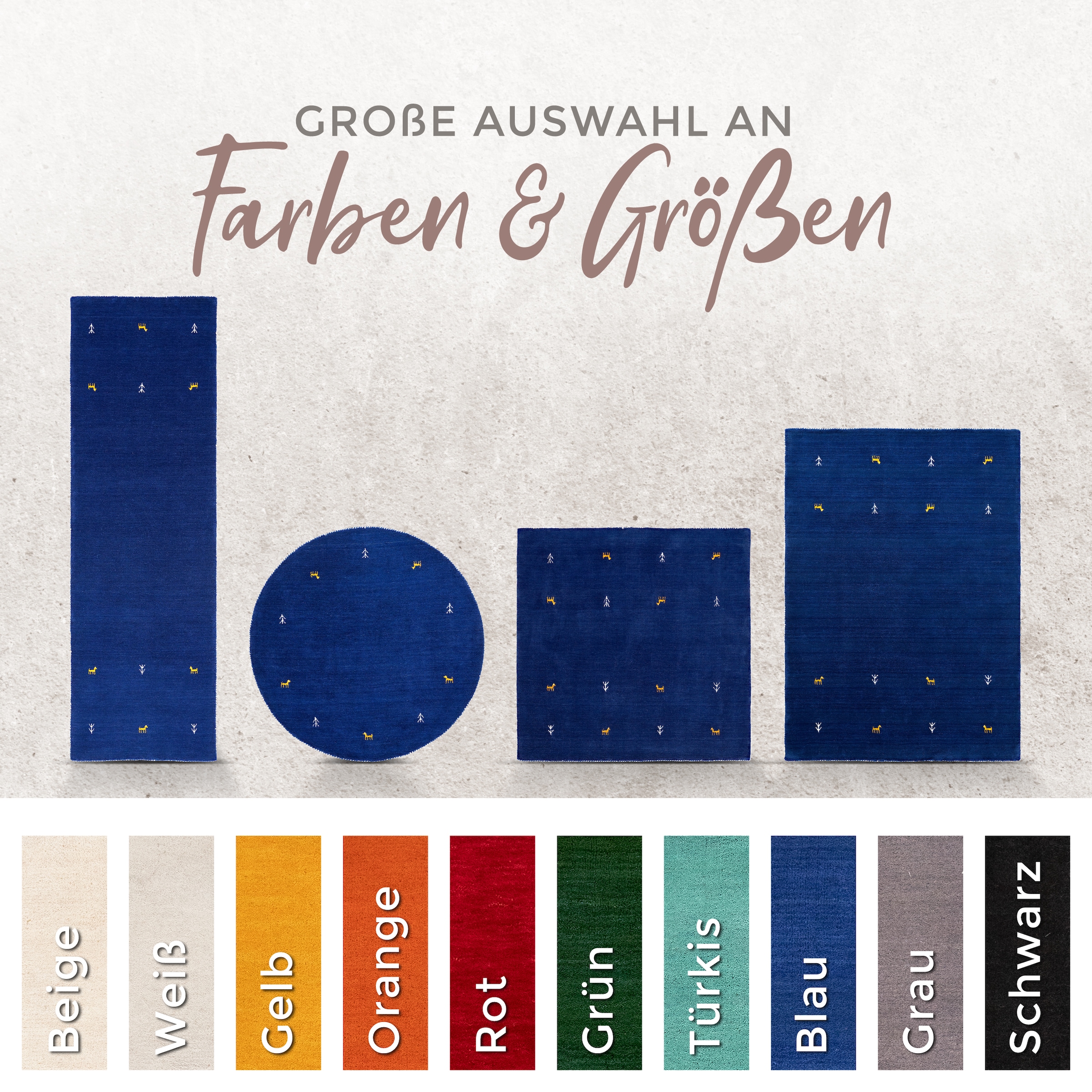 carpetfine Tapis en laine »Gabbeh-Uni« Carré 15 mm Höhe reine Wolle, handgewebt, Gabbeh Loom Tiermotiv, Sonderform Quadrat