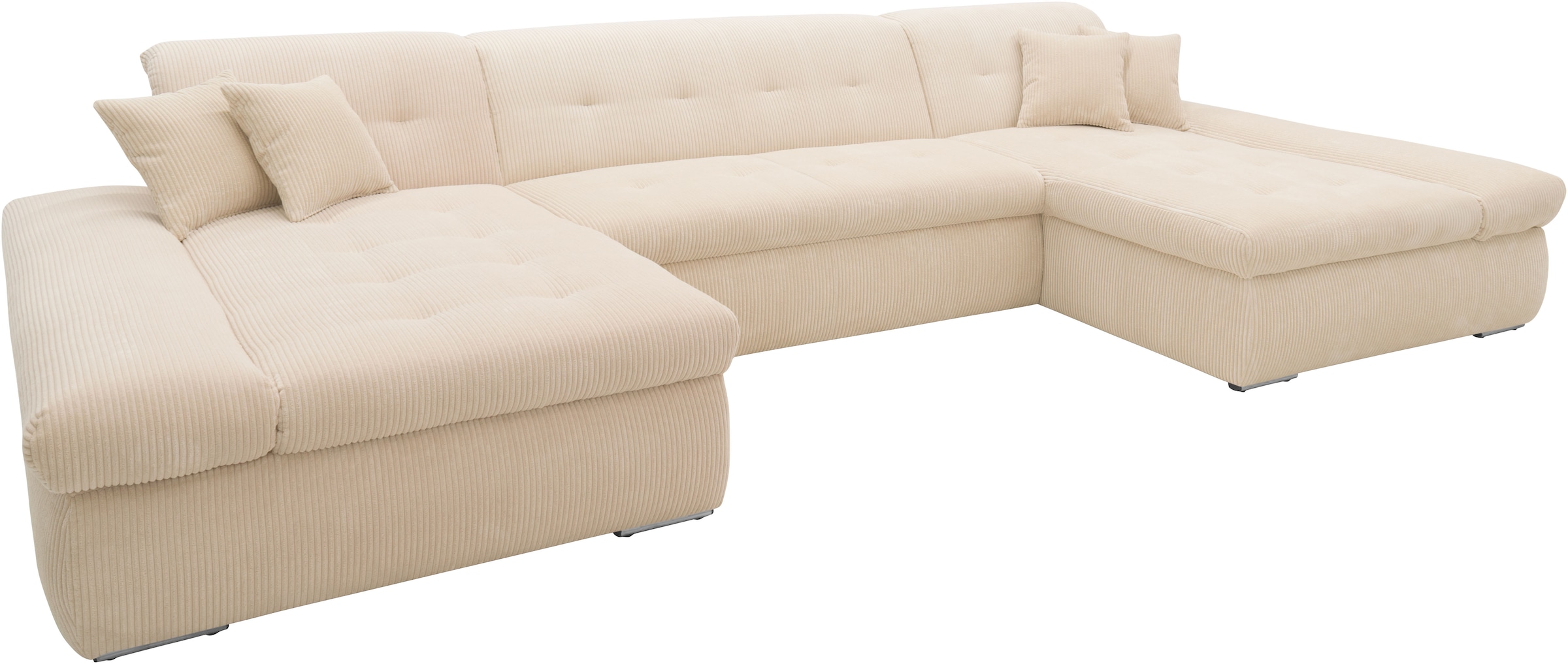 DOMO collection Wohnlandschaft »Moric wahlweise mit Bettfunktion und Armteilverstellung, XXL« U-Form, beidseitig mit Recamiere, incl. Zierkissen, Cord-Bezug