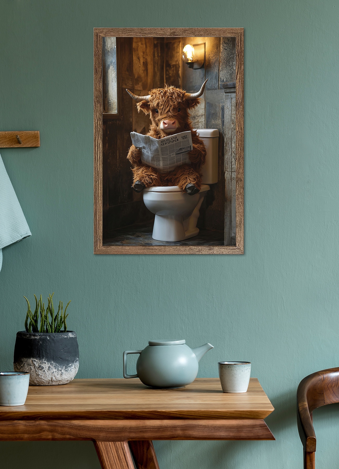 Bönninghoff Tableau avec cadre »Wandbild gerahmt HIGHLAND NEWS 50x70 cm – Lustiges Hochlandrind Bad« Animaux | Bœuf des Highlands | Humour 1 cuis tlg. avec cadre décoratif