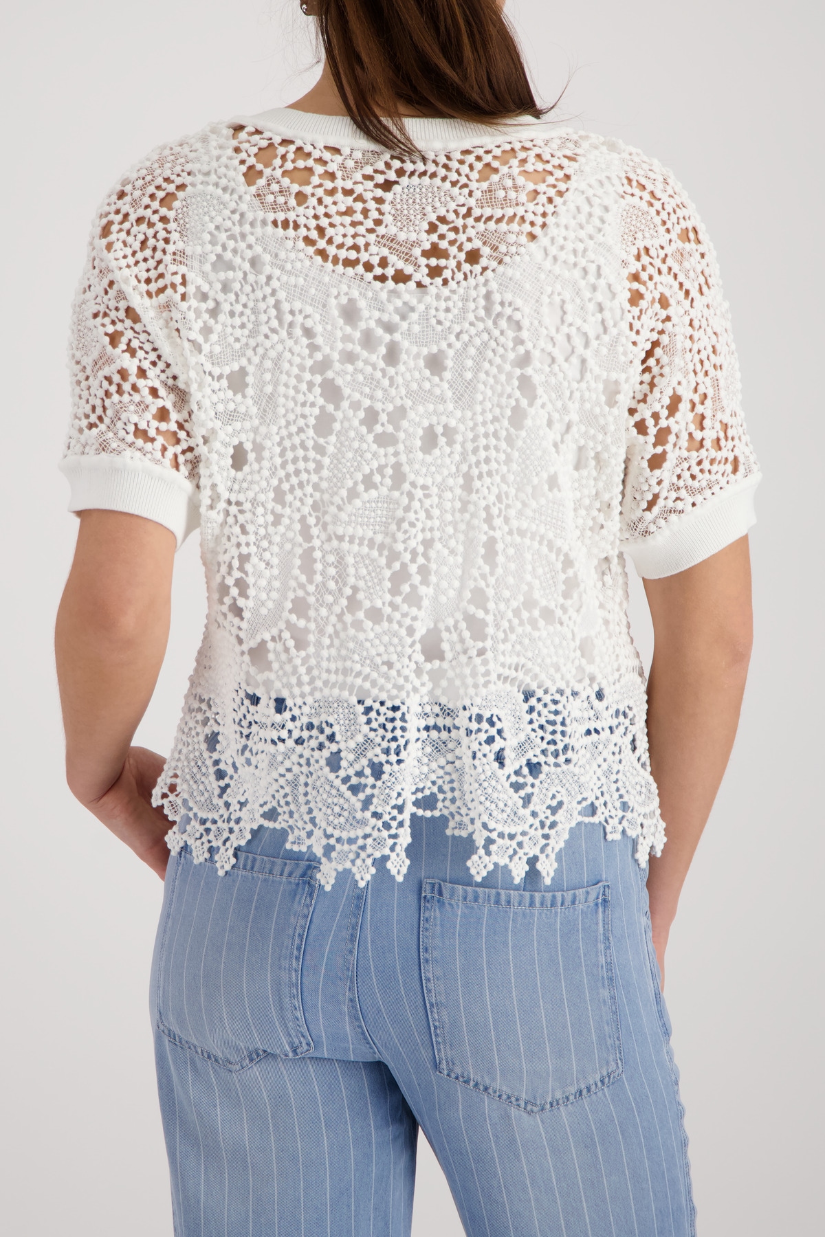 Monari Pull à manches courtes »Pullover Basic Spitze« Allover-Spitze, Regular Fit, Spitzenförmige Saumbündchen