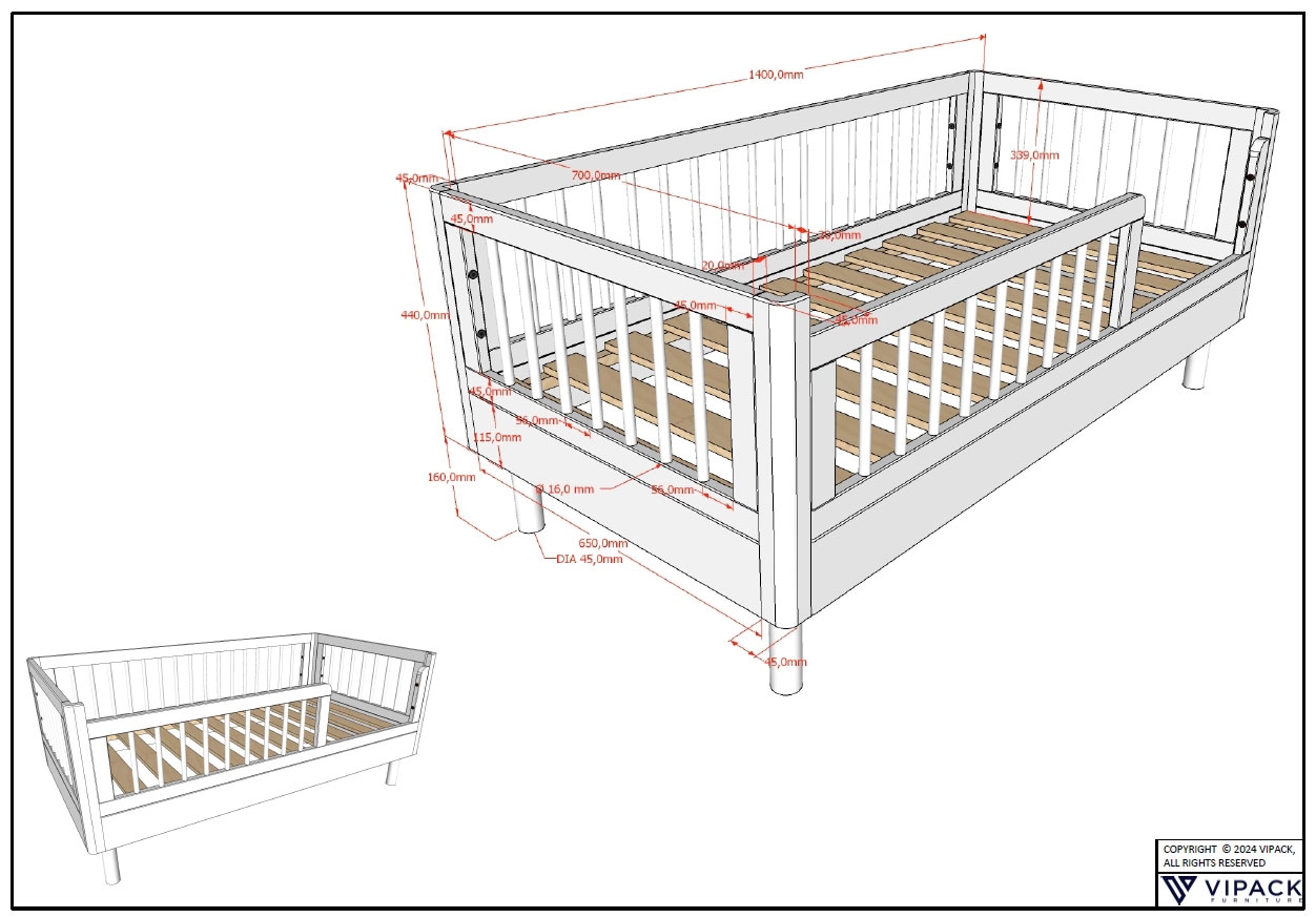 Vipack Lit d'enfant »stabil und hochwertig gebaut, Kanten gerundet, mit Rausfallschutz« 70/140 cm, incl. sommier à lattes, en chêne massif huilé naturel