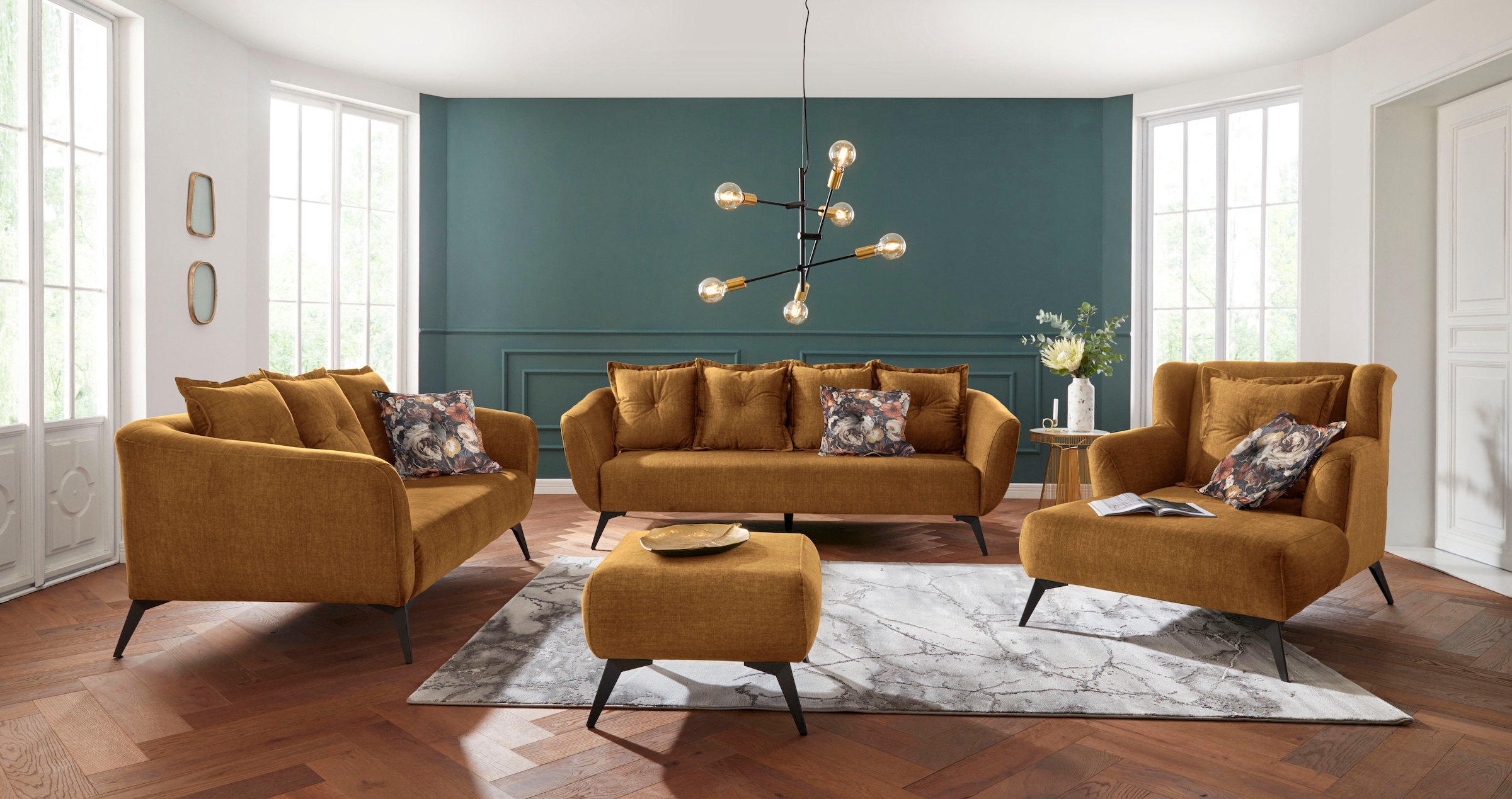 Home affaire 2,5-Sitzer »Baggio, Breite 196 cm, modern romantisches Design« Zierkissen inklusive, Komfortsitzhöhe 45 cm, schwarze Metallfüsse