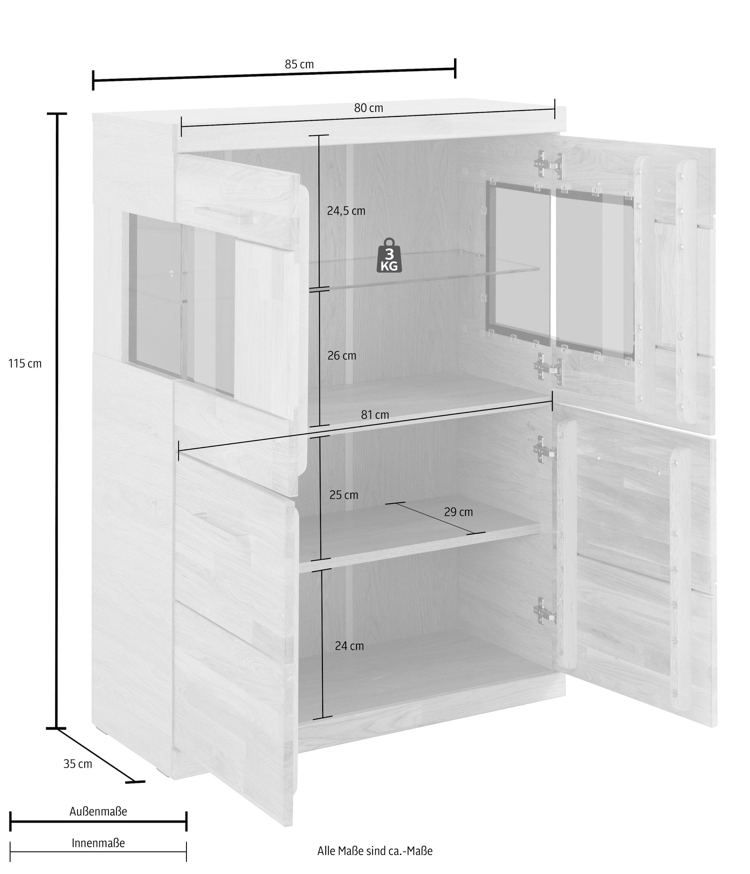 GOODproduct Highboard »Ribe,85cm breit,115cm hoch, Fronten Massivholz,4 breite Fächer« Korpus Holzwerkstoff,2Türen mit  Glaseinsatz, Böden versetzbar