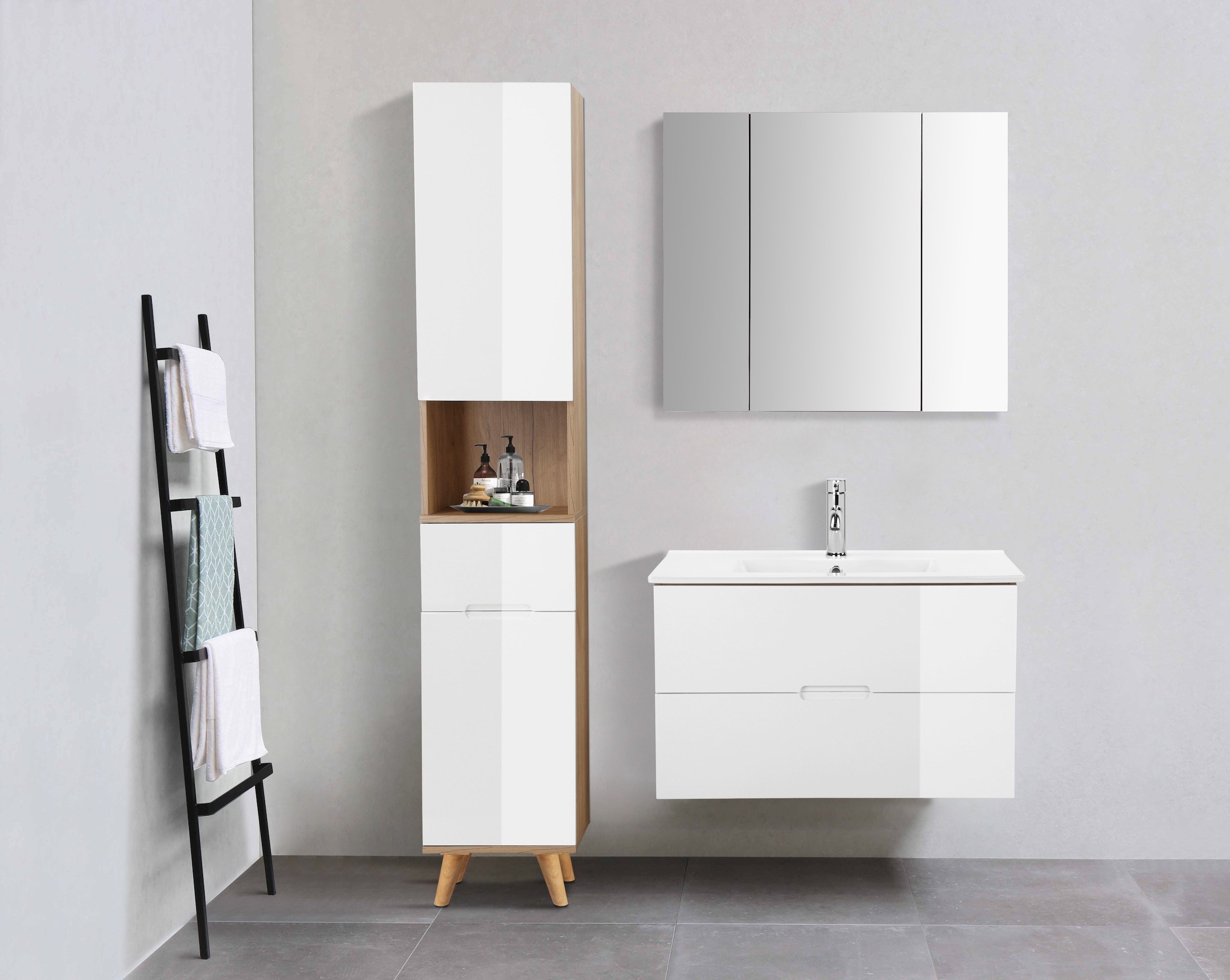 welltime Hochschrank »Lund Badschrank skandinavisches Design mit viel Stauraum« Badmöbel, 2 Türen und 1 Schublade, Breite 35cm