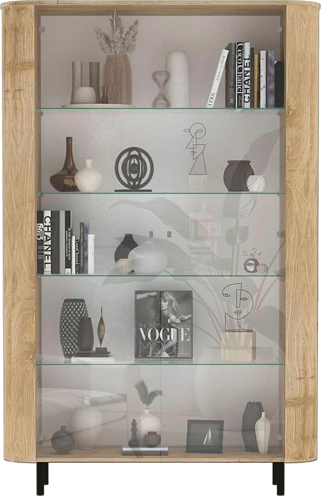 Home affaire Vitrine »Murano, Standvitrine H 200 cm, B 131 cm, 2 Türen, Vitrinenschrank« Formgebogenes MDF, Stirnseiten mit Rundung, Metallfüsse, stilvoll