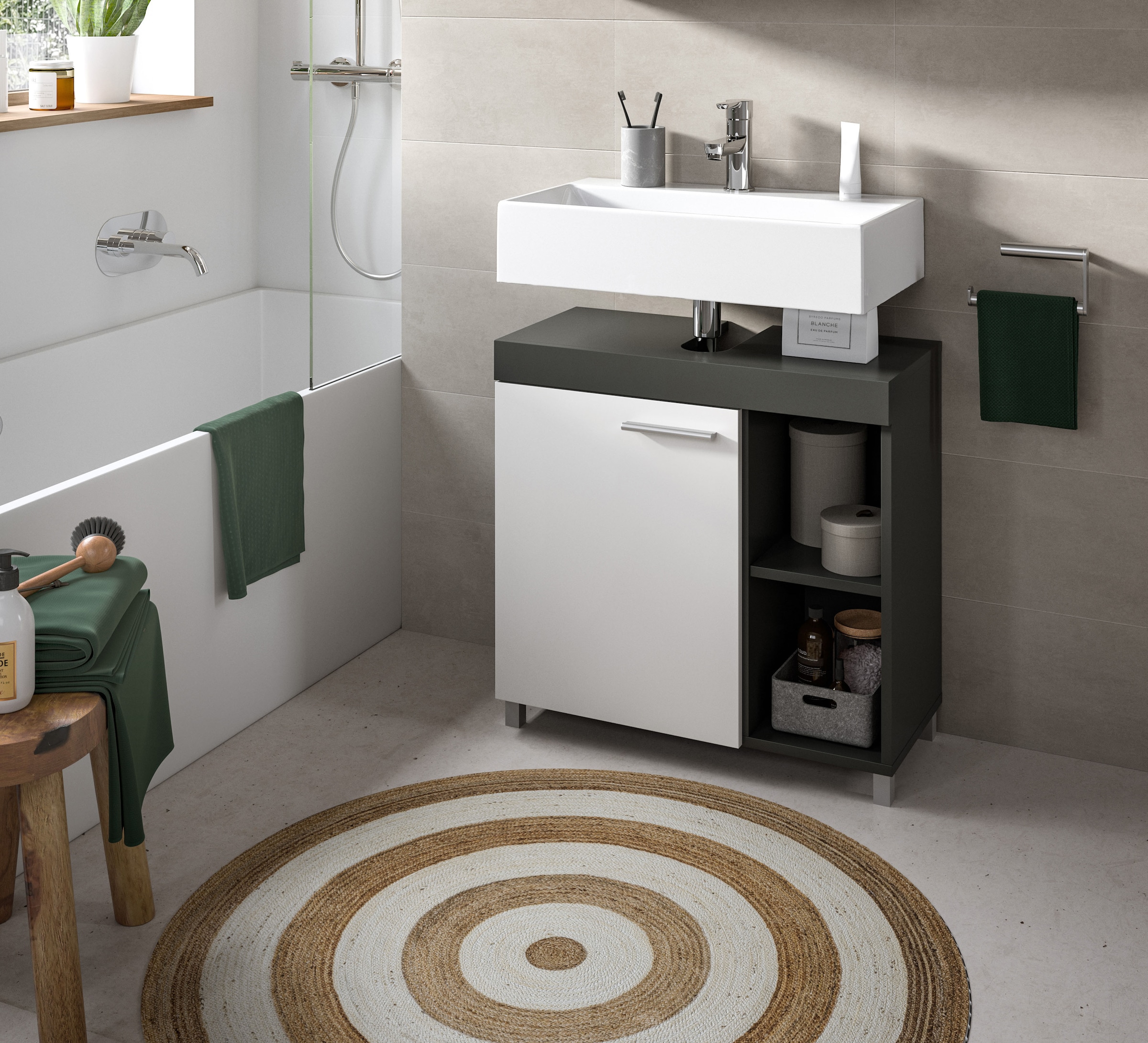 welltime Armoire sous lavabo »HANO,  Badezimmer, WBU, Waschtisch,  Kommode, Unterschrank« in 2 verschiedenen Farben und 2 verschiedenen Ausstattungen erhältlich,  1 Tür, 2 höhenverstellbare E-Böden, 4 Fächer, mit Siphonausschnitt