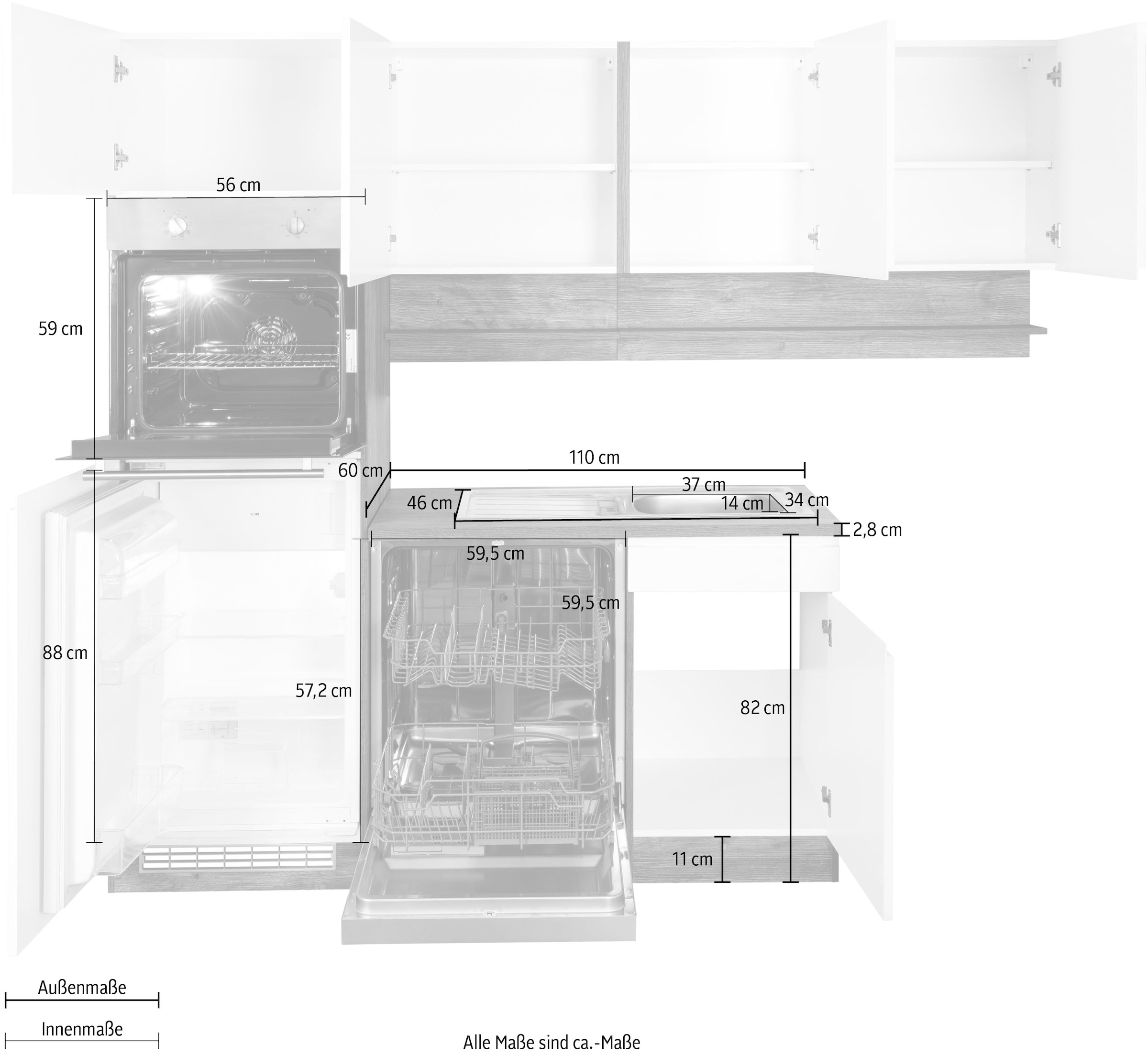 KOCHSTATION »KS-Virginia,neu in verbesserter Ausführung« Arbeitsplatte 38 mm stark, Stauraum, Softclose,  Stellbreite 230/190 cm, Soft-Close, ohne E-Geräte