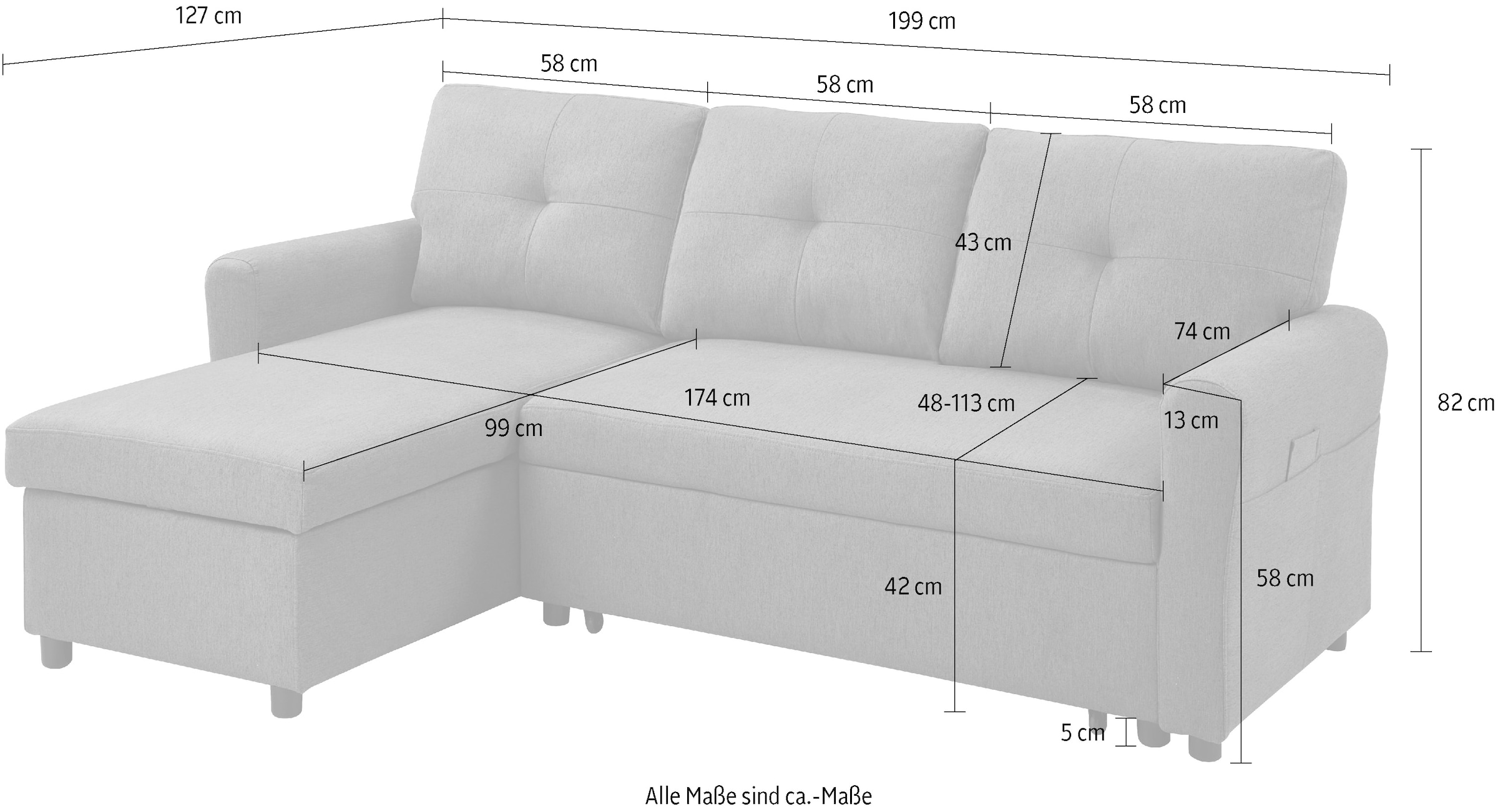 ATLANTIC home collection Canapé-lit »Gustavo L-Form, B: 199 cm« mit Bettfunktion, Bettkasten & seitlichen Taschen