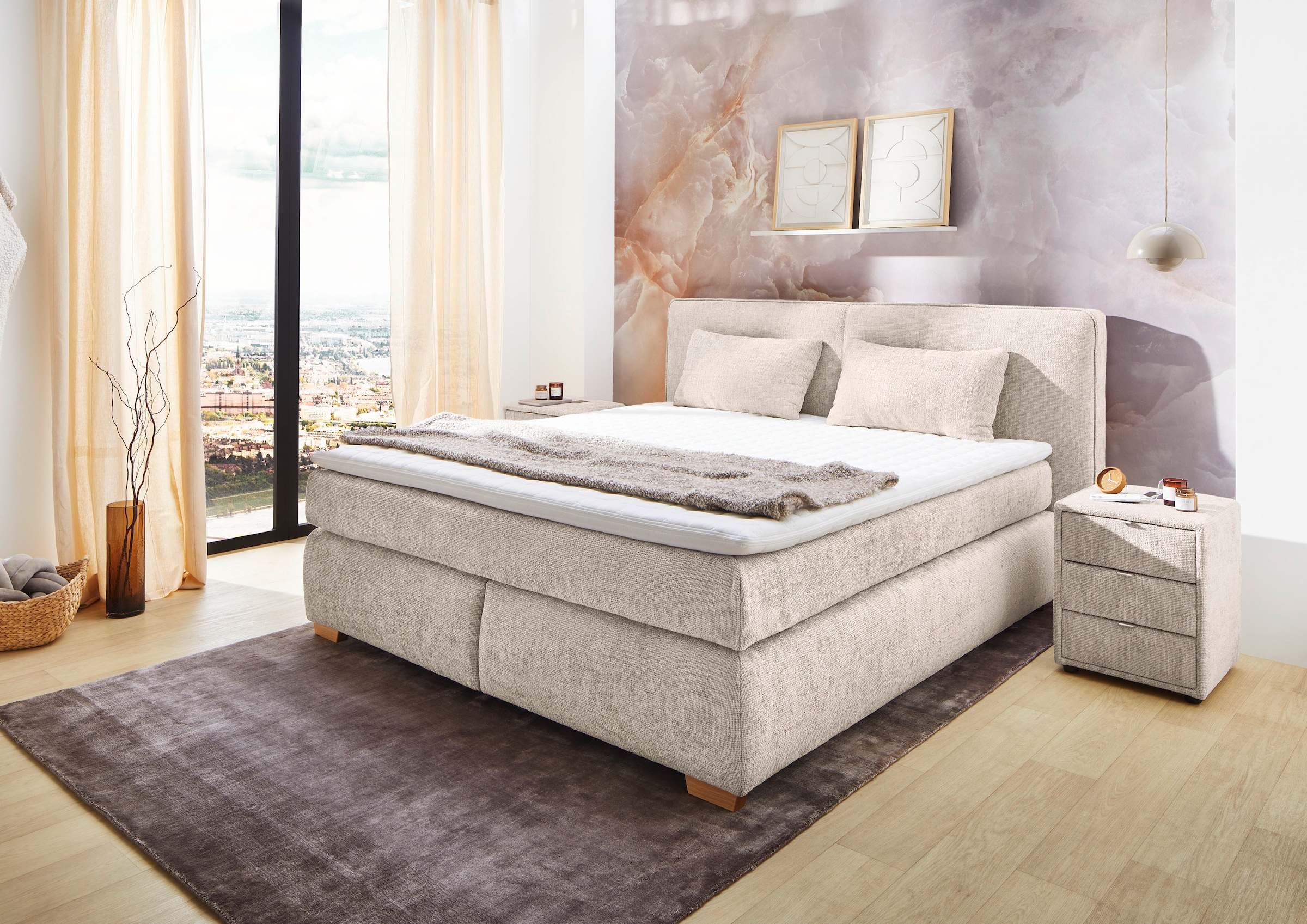Jockenhöfer Gruppe Lit boxspring »Valentina in der Breite 180cm, beige, extra dickes Kopfteil mit Keder« Matelas TTFK 7 zones, surmatelas visco, différents degrés de fermeté disponibles