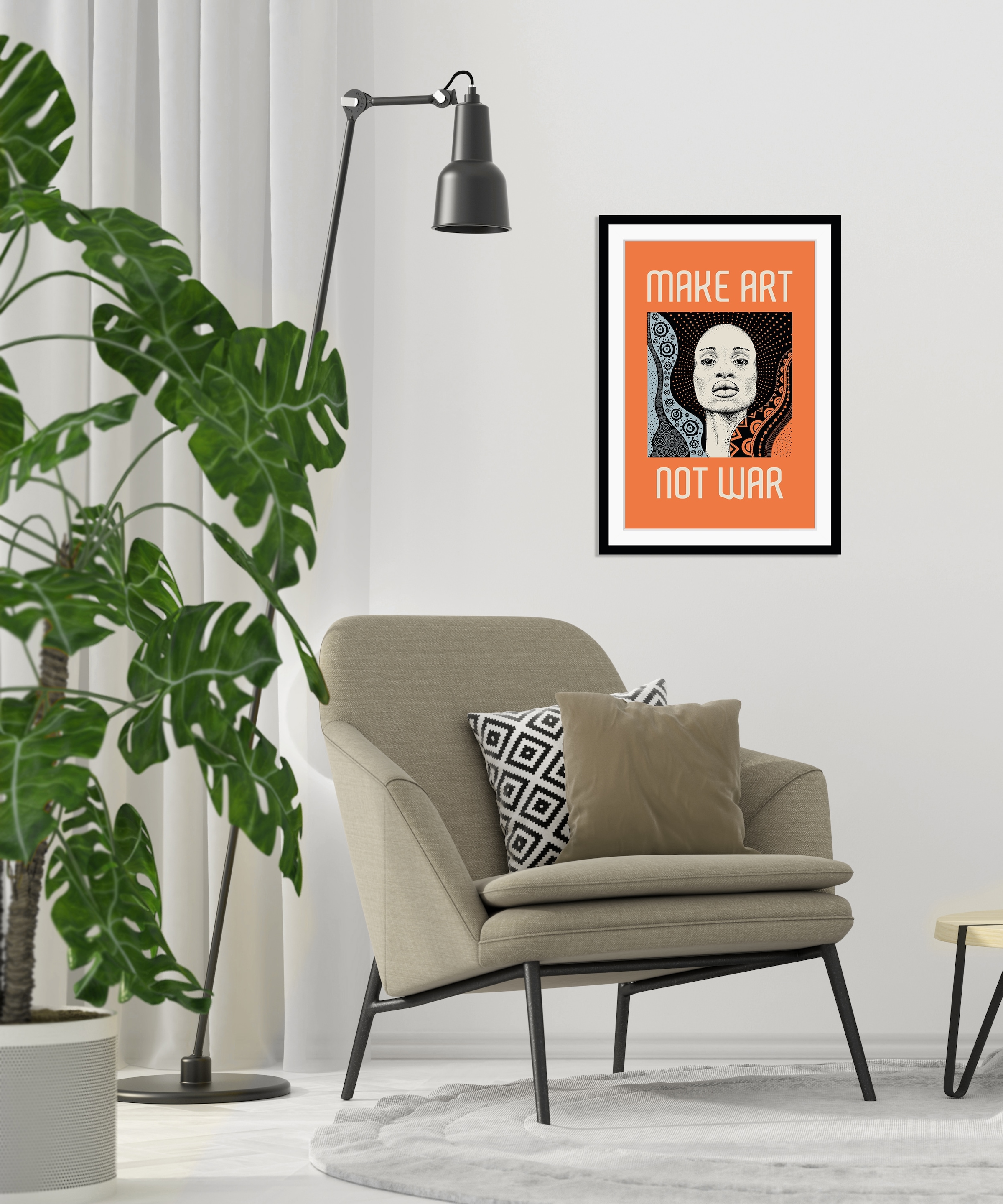 queence Bild »MAKE ART NOT WAR« Figuren | Frau | Kunst | Peace-Zeichen | Schriftzug | Sprüche & Texte HD Premium Poster-Druck inkl. Holzrahmen