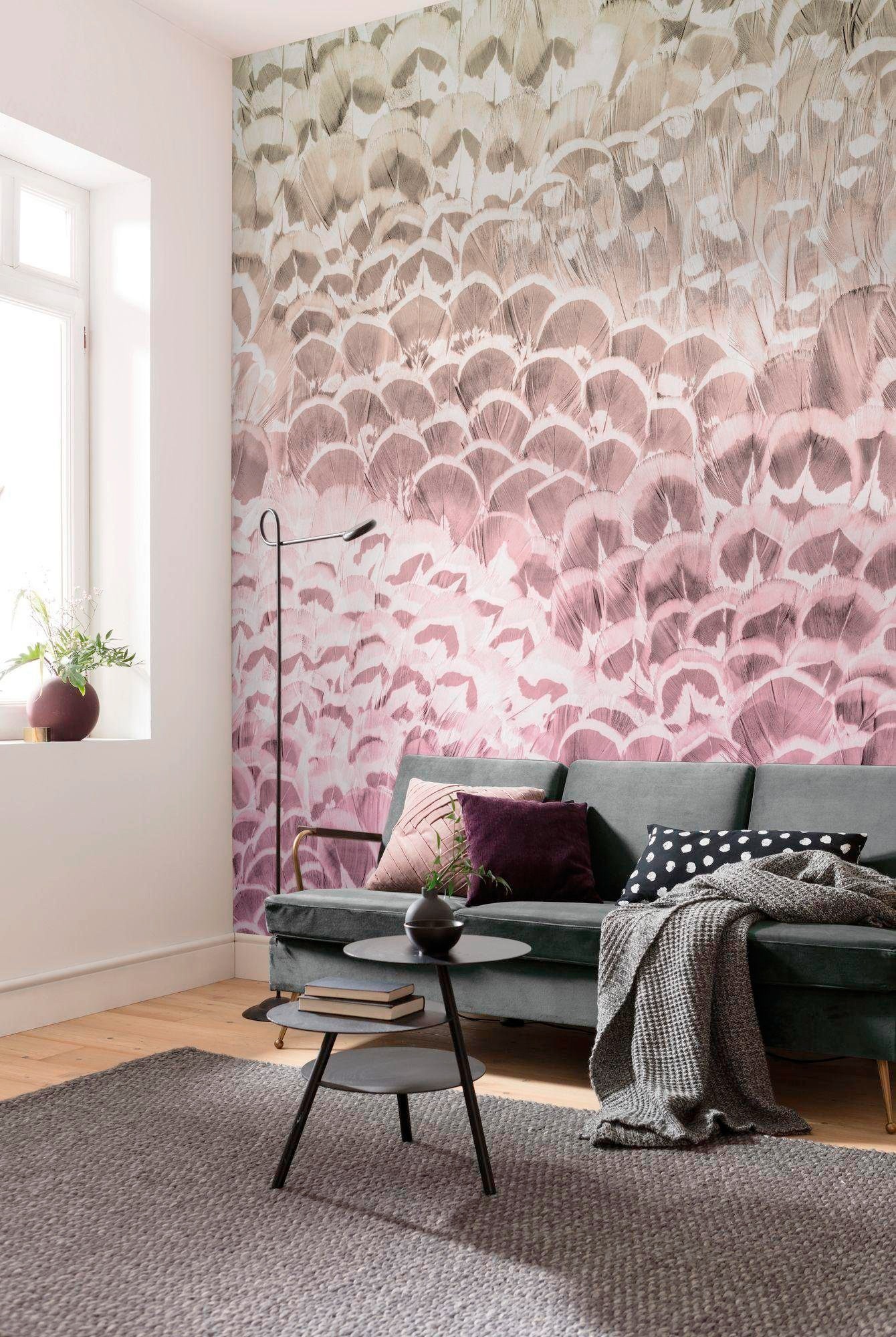 Komar Papier peint intissé »Digitaldruck Vlies -  Pale Feathers - Grösse 200 x 250 cm« imprimé Wohnzimmer, Schlafzimmer