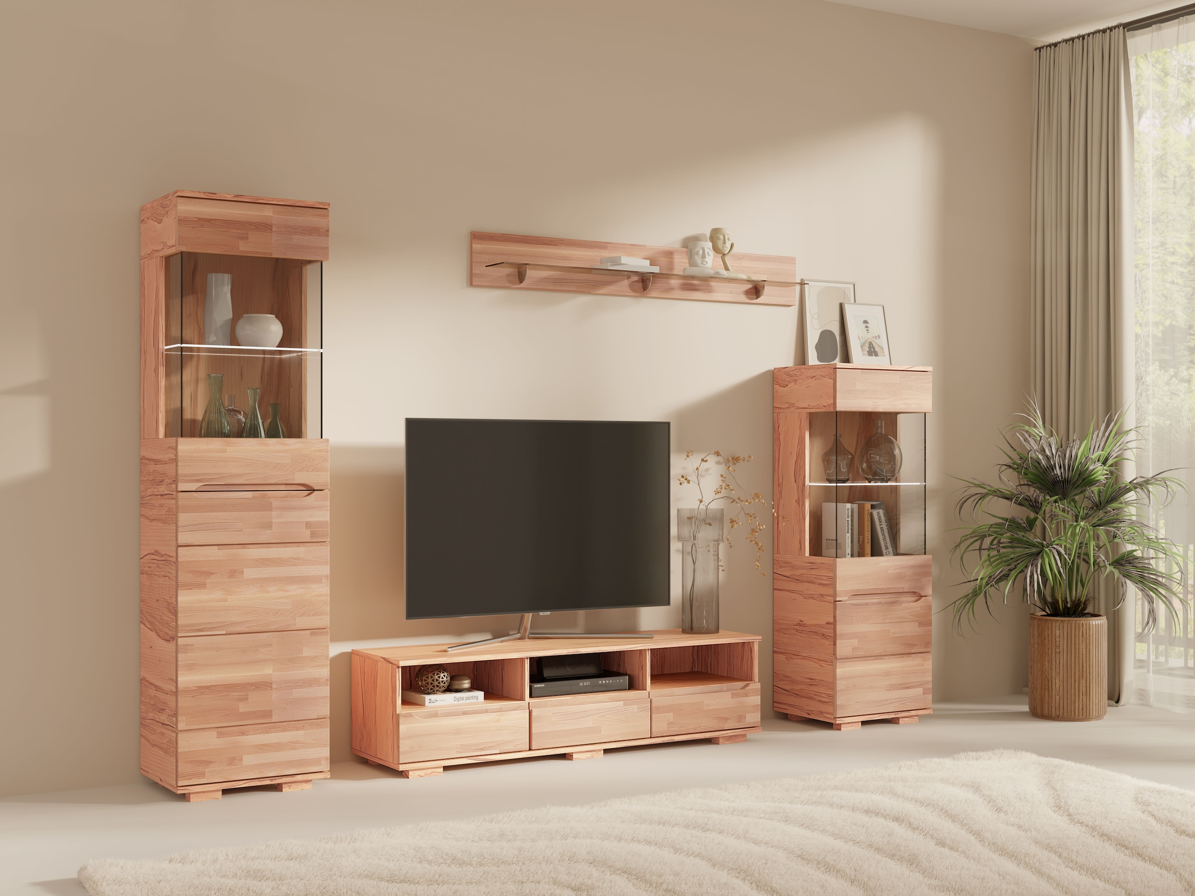 GOODproduct Lowboard »VETRO Teilmassiv, Fronten Massivholz, Wohnzimmer, Stauraum,Griffmulde« B/T/H:150/40/40 cm, 3 Schubladen, 3 offene Fächer, kabeldurchführung