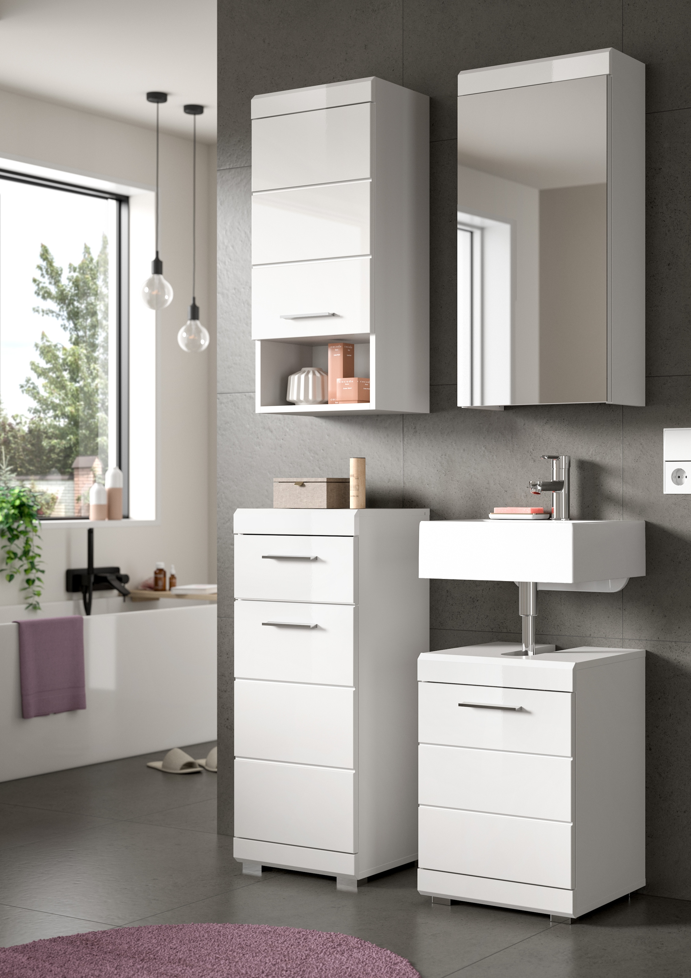 welltime Badmöbel-Set »SIENA, 4-tlg., WBU, Spiegelschrank, Hänge- & Unterschrank, MDF-Front«