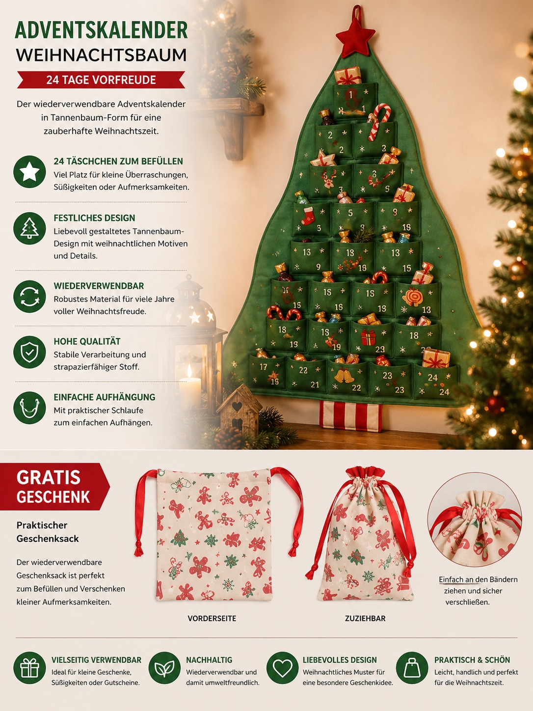 GOODproduct Adventskalender »Weihnachtsbaum mit dekorierten Taschen, wiederverwendbar« Es liegt keine Altersempfehlung vor aus Stoff, ca. 100x68cm, zum Hängen an Türen und Wänden