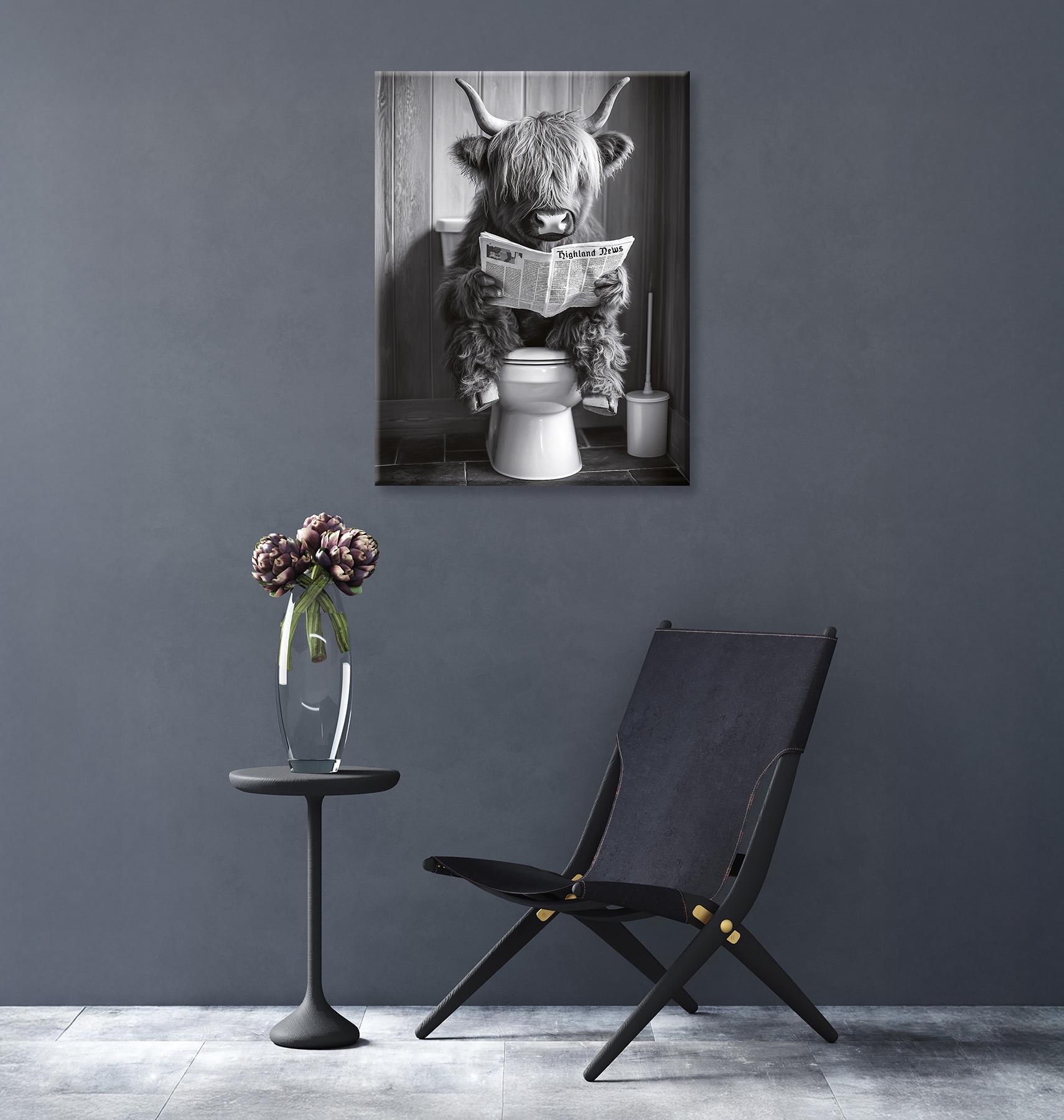 Bönninghoff Leinwandbild »Wandbild HOCHLANDRIND AUF WC 46x61 cm – Leinwandbild Keilrahmen Deko« Hochlandrind | Humor | Kuh | Kuhbilder | Kühe | Schwarz-Weiss | Tiere 1 Stk. tlg. auf Keilrahmen gespannt