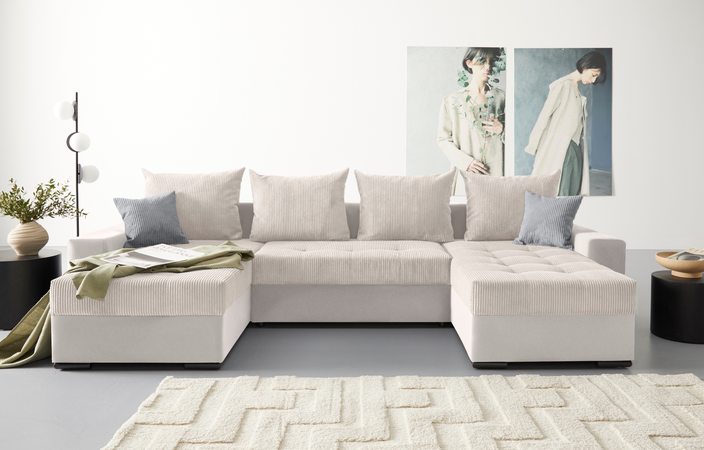 COLLECTION AB Paysage de salon »Josy XL U-Form, B: 313 cm in Cord, Cord-Mix« mit Bettfunktion, Bettkasten & 2 Zierkissen, Federkern