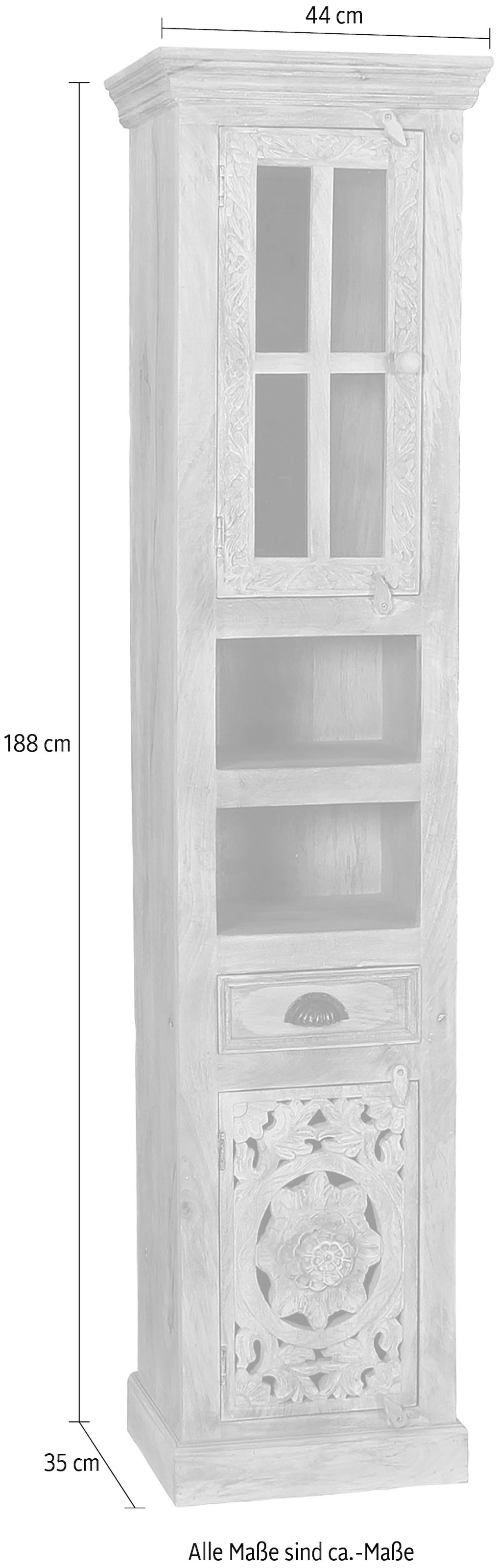 SIT Hochschrank »Danzig aus Mangoholz mit 1 Tür, 1 Glastür & Schublade« Kunstvolle Schnitzereien und Glastür als stilvolle Highlights