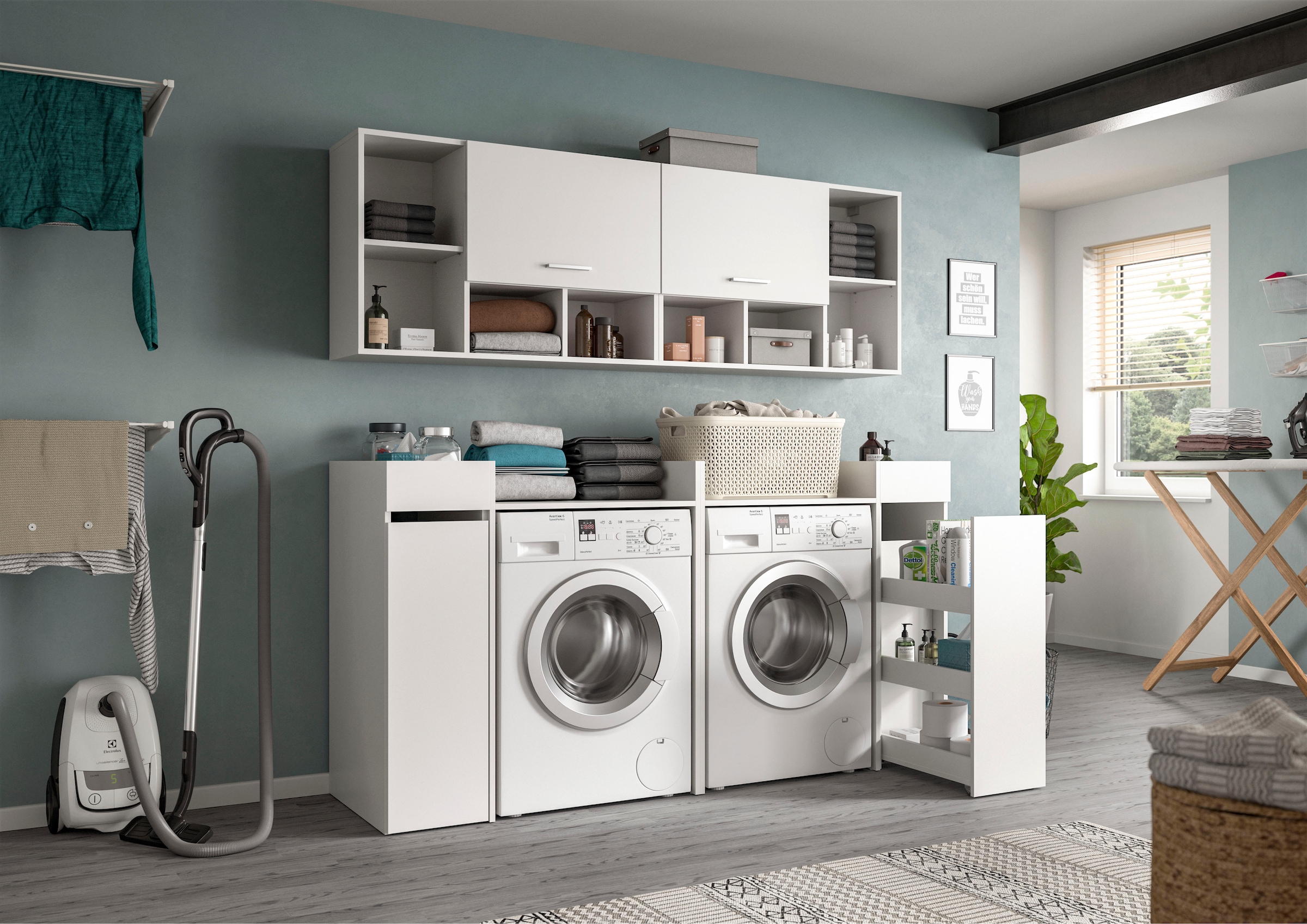 welltime Ensemble de meubles de salle de bain »FALAS,  6-teilig, Hauswirtschaftsraum Set, Breite 190 cm« Ensemble, 2 meubles pour machine à laver, 2 étagères, 2 armoires murales, 6 cuis tlg.