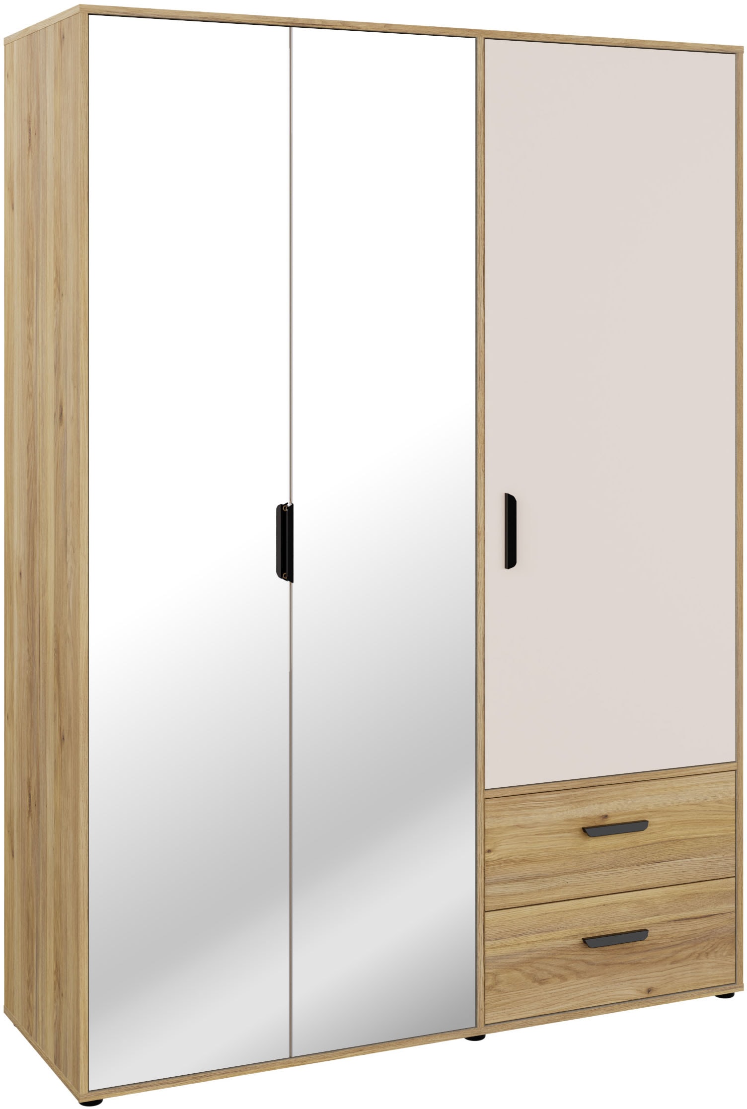 GOODproduct Kleiderschrank »AALOX, Spiegel, 3 Türen, 2 Schubladen, viel Stauraum, schwarze Griffe« Schrank ca. 140 bis 150 cm breit, schwarze Griffe, zeitloses Design
