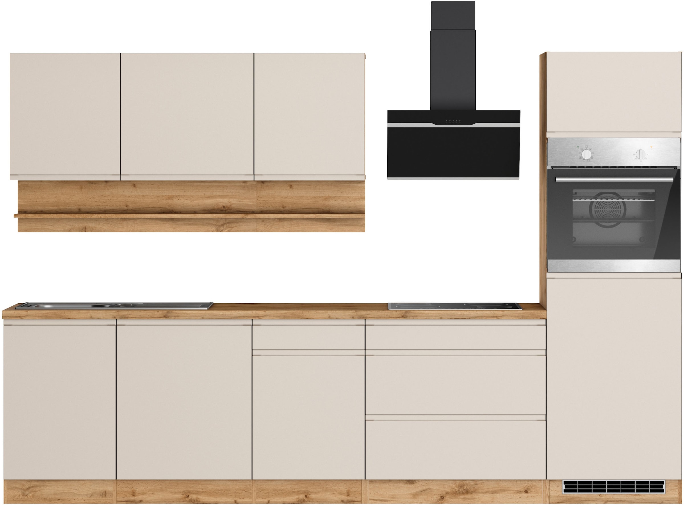 KOCHSTATION Kitchenette »KS-Virginia,neu in verbesserter Ausführung« plan de travail épaisseur 38 mm, rangement, fermeture douce,  largeur 300 cm, fermeture douce, avec appareils électriques en option