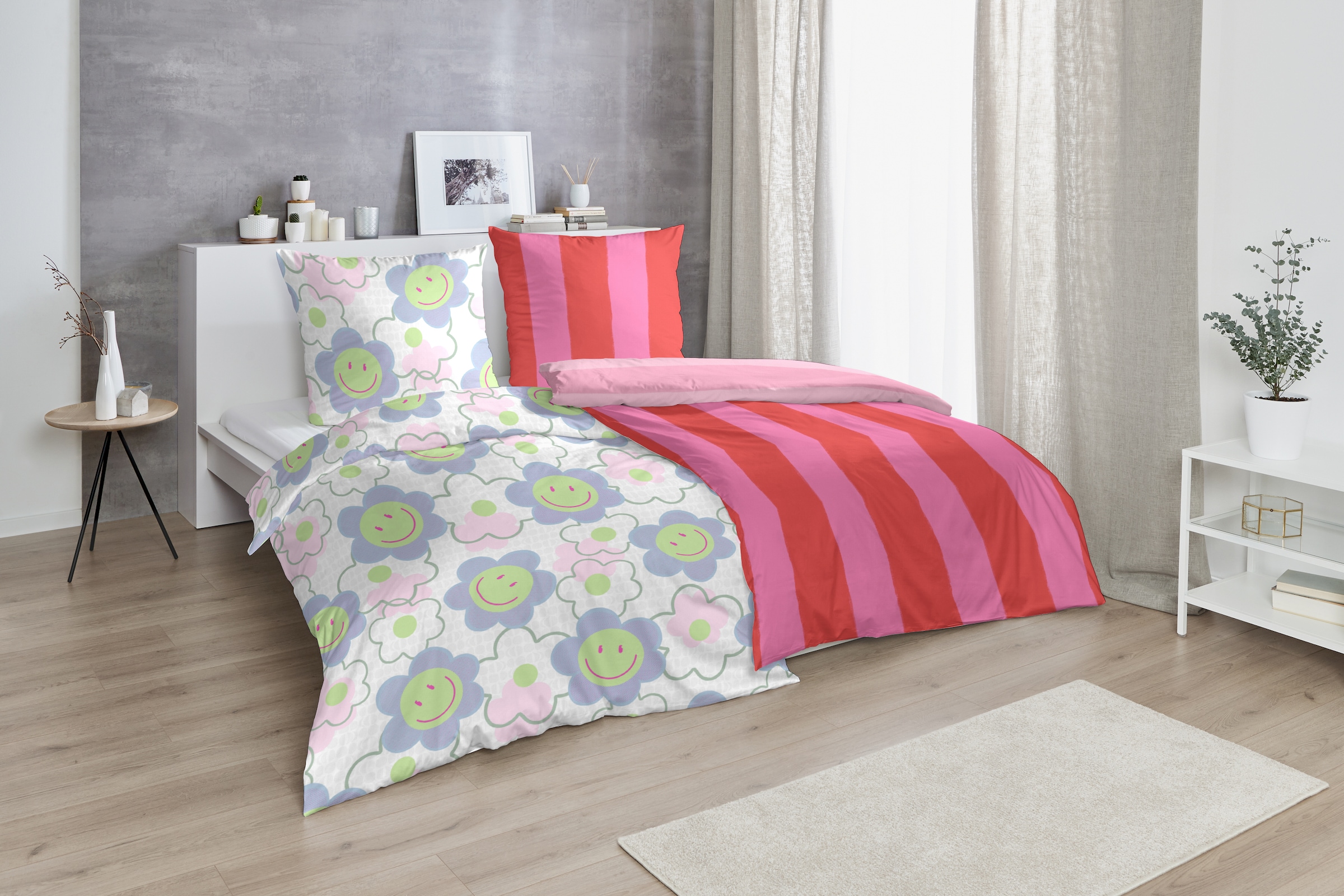Primera Linge de lit »Renforce-Bettwäsche Smile for me« 2 cuis avec fleurs smiley aux couleurs vives