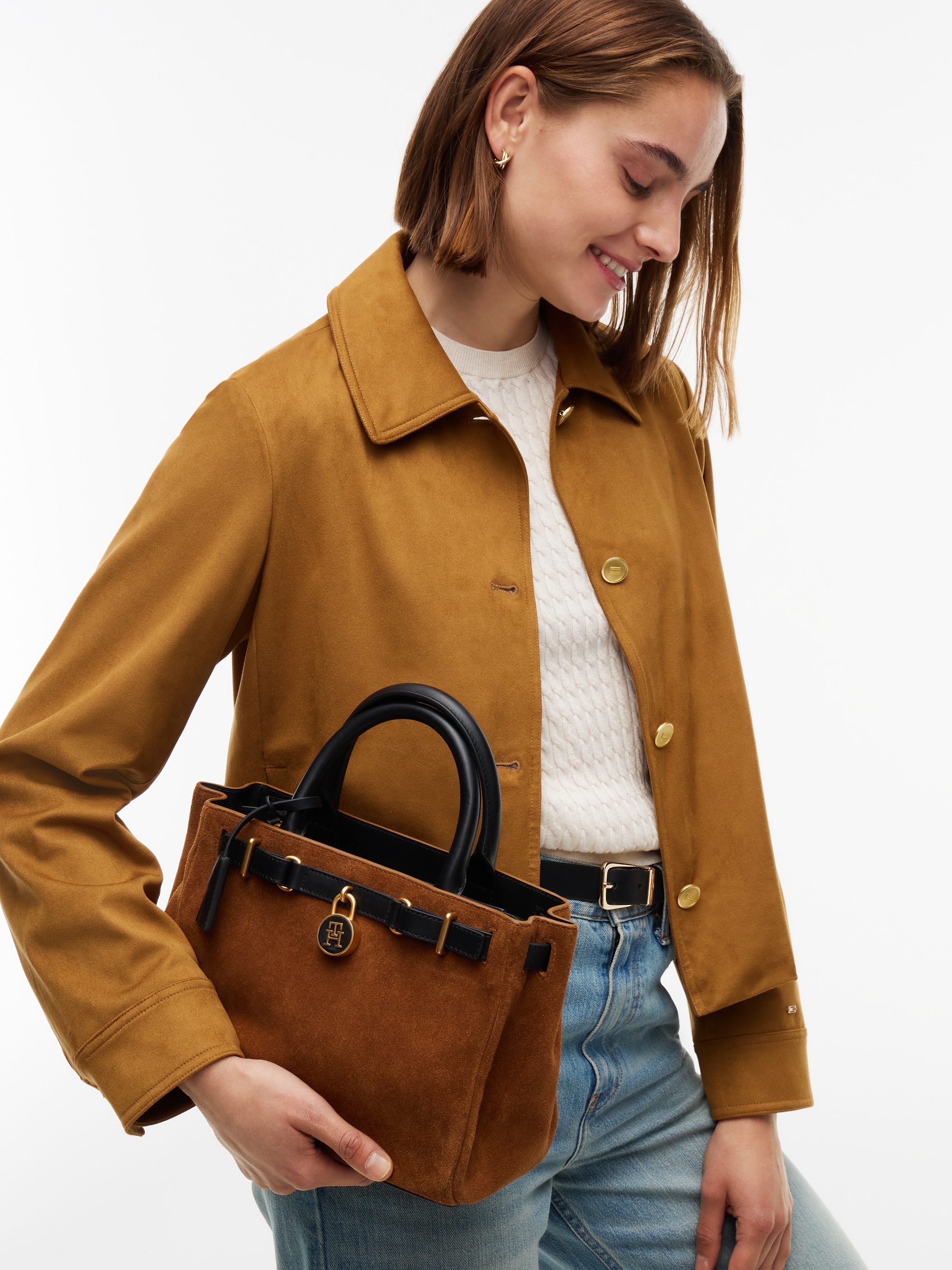 Tommy Hilfiger Sac à main »AMERICAN ICON MINI TOTE SUEDE LE« Sac à épaule pour femme, sac bandoulière avec pendentif TH à serrure