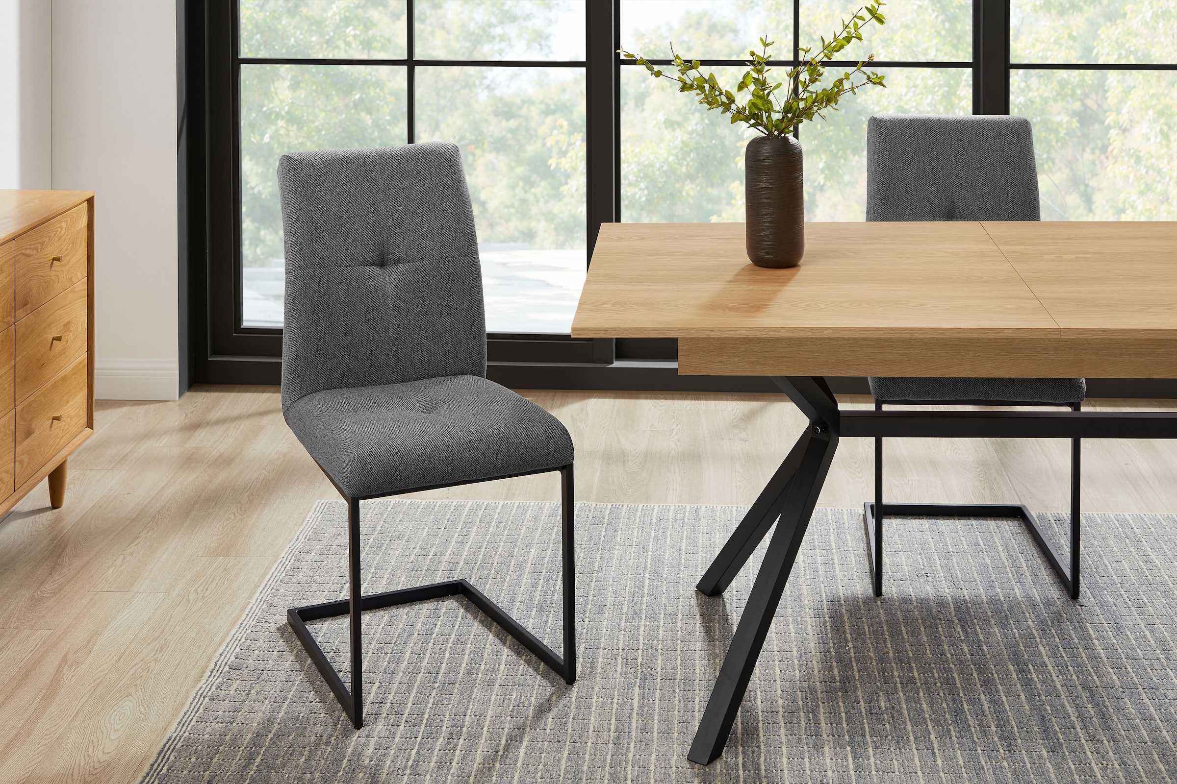 GOODproduct Essgruppe »Vendy, Esstisch ausziehbar plus 6 Freischwinger« Set, Esstisch ausziehbar 160 - 210 cm plus 6 Esszimmerstühle, 7 Stk. tlg. pflegeleichte Strukturstoff-Stühle, 3D-Steppung, ausziehbarer Tisch