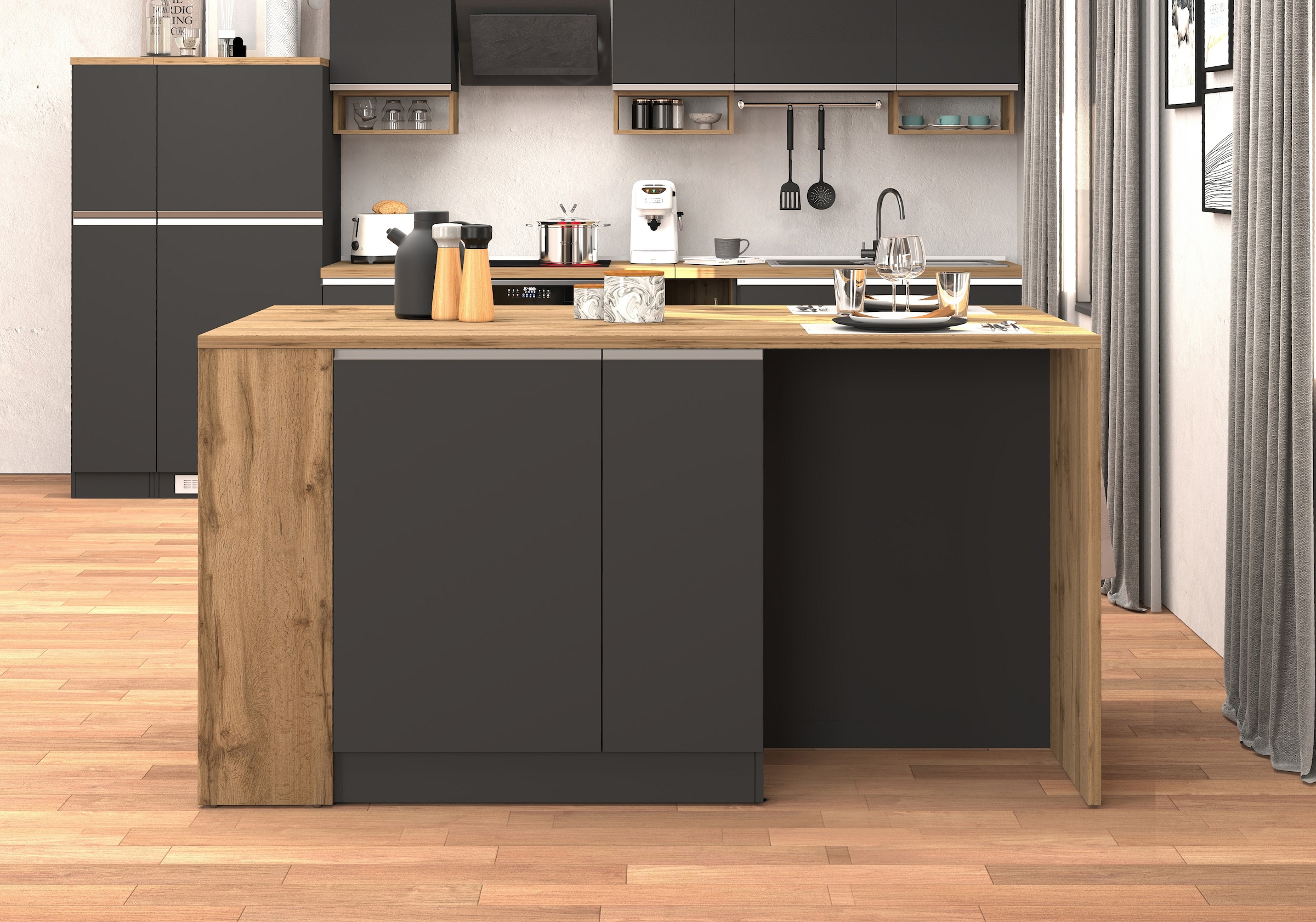 KOCHSTATION Ilot de cuisine »KS-Sole, Kochinsel, Küchenarbeitsblock, Arbeitsinsel, Made in Italy« Breite 167,5 cm, 2 Apothekerauszüge, 2 Essplätze, 1 offenes Regal