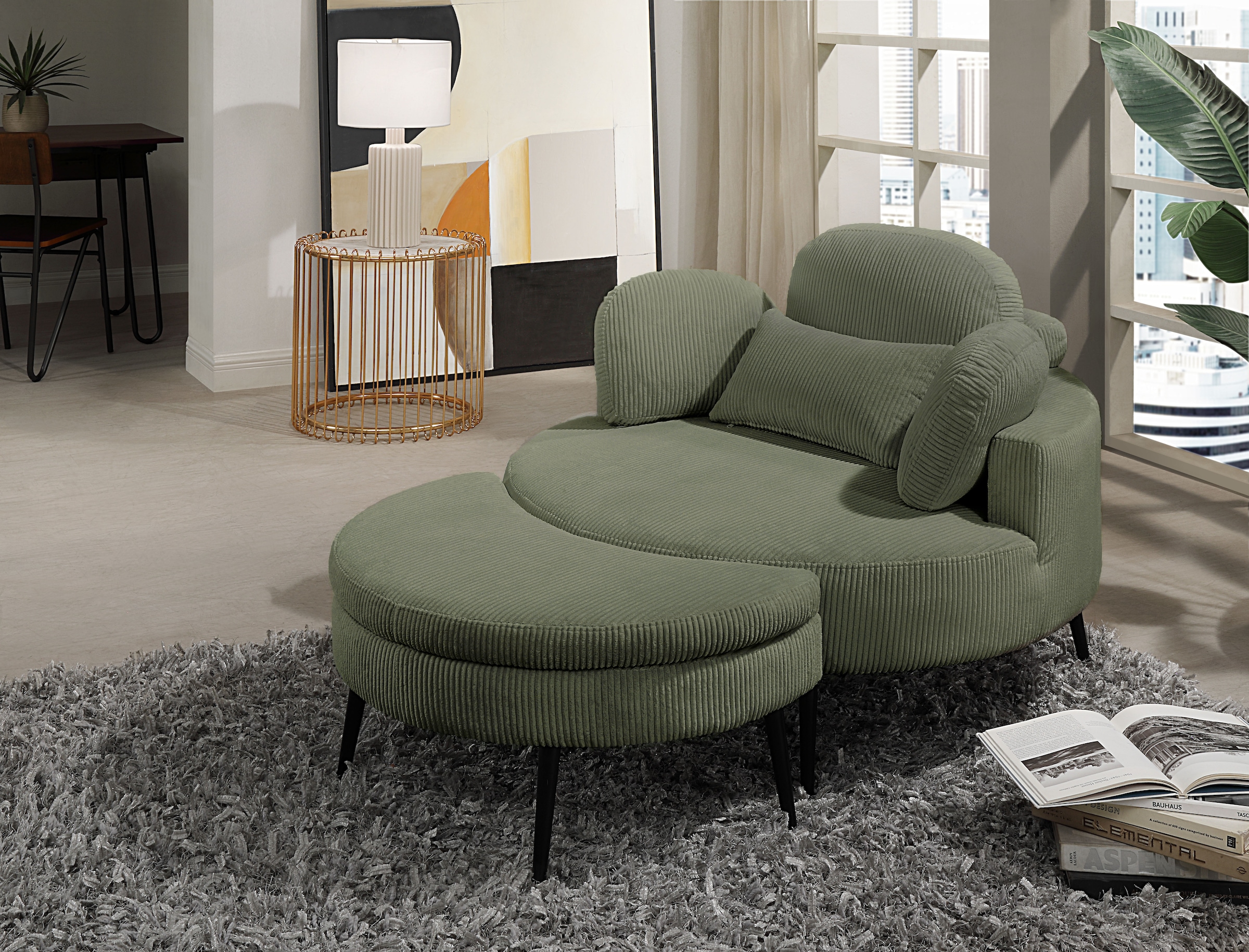 GOODproduct Loveseat »Riko Sessel, B: 110 cm, Sitzhöhe: 44 cm« XXL- Sessel, mit Stauraumhocker, Rückenstütze & 4 Zierkissen