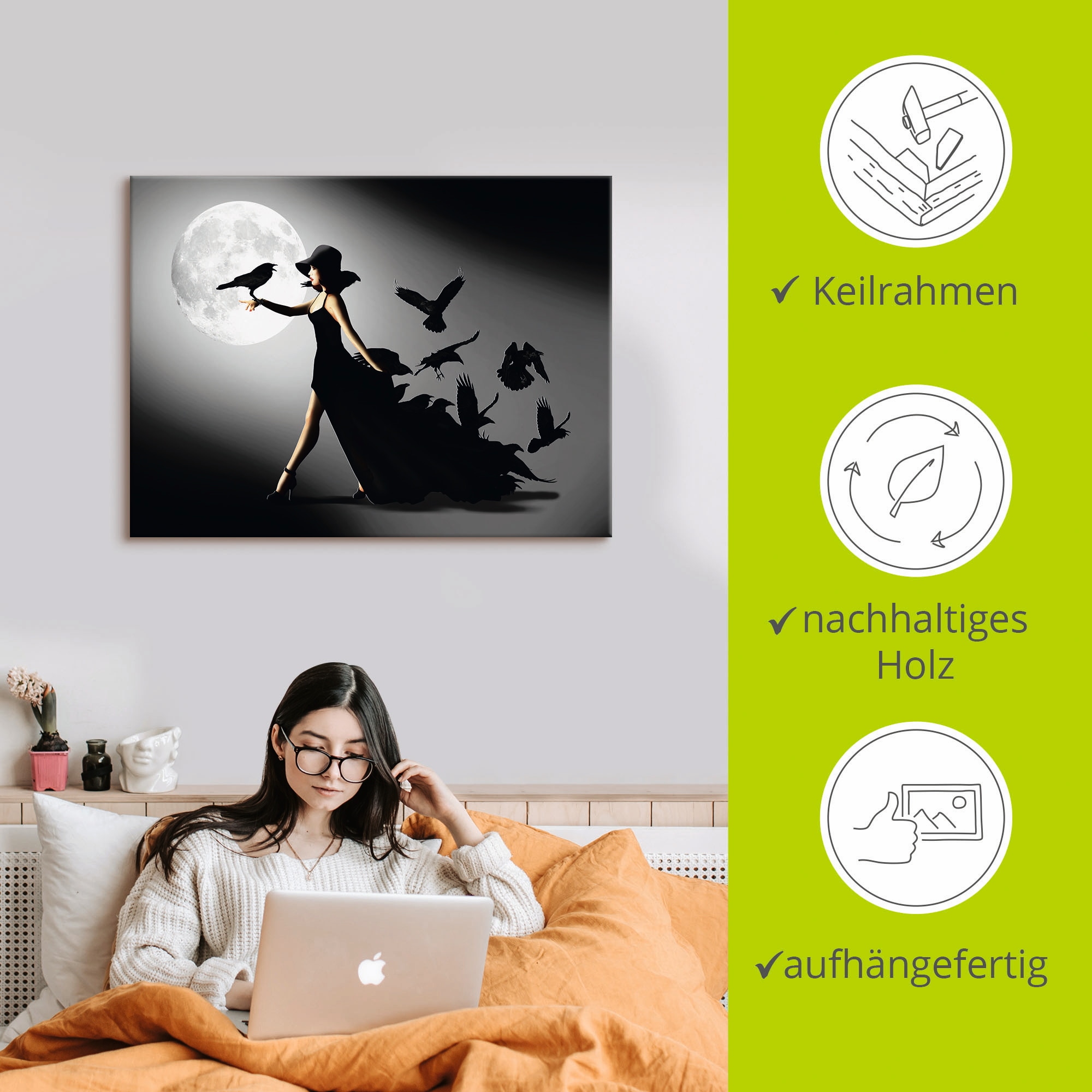 Artland Wandbild »Die Frau mit den Raben« Animal Fantasy 1 Stk. tlg. als Alubild, Leinwandbild, Poster in verschied. Grössen