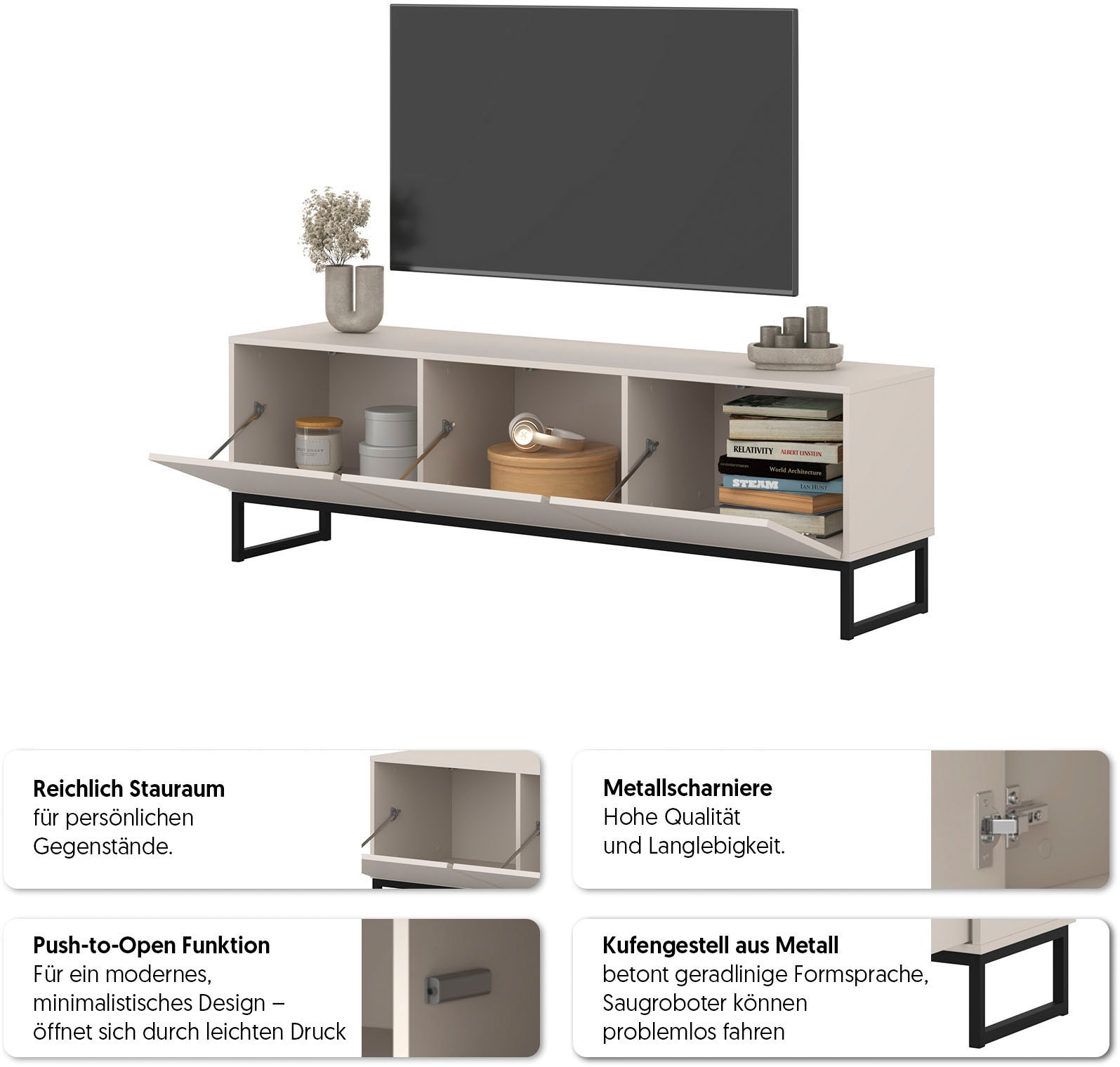 GOODproduct Table basse »Loft, Breite 157 cm, TV-Board 3 Klappen, Metallkufen« commode TV avec beaucoup de rangement, fonction push-to-open