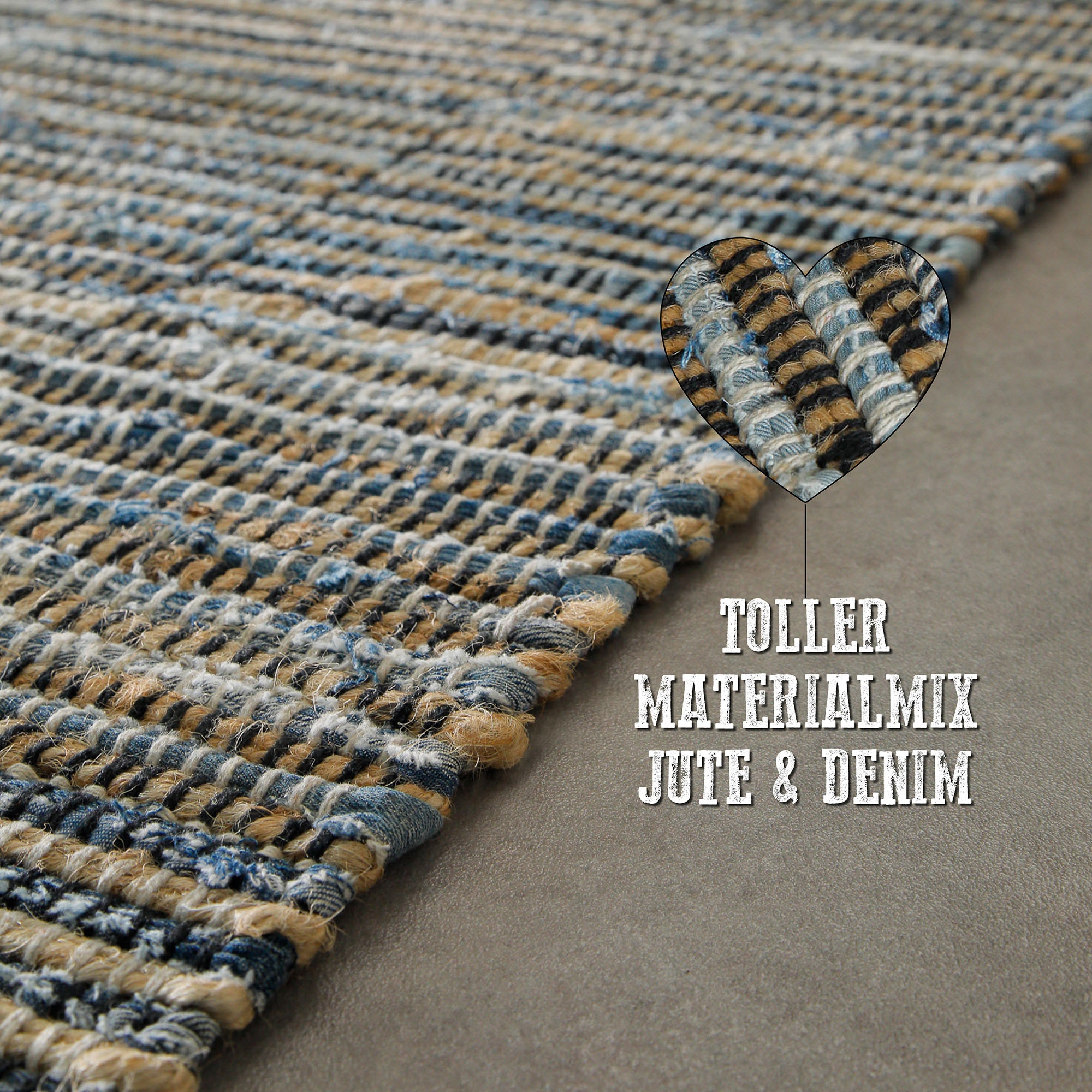 Wecon home Teppich »Denim Blues« rechteckig 6 mm Höhe handgewebt, robust, pflegeleicht, skandi, Natur, Jute, Wohnzimmer