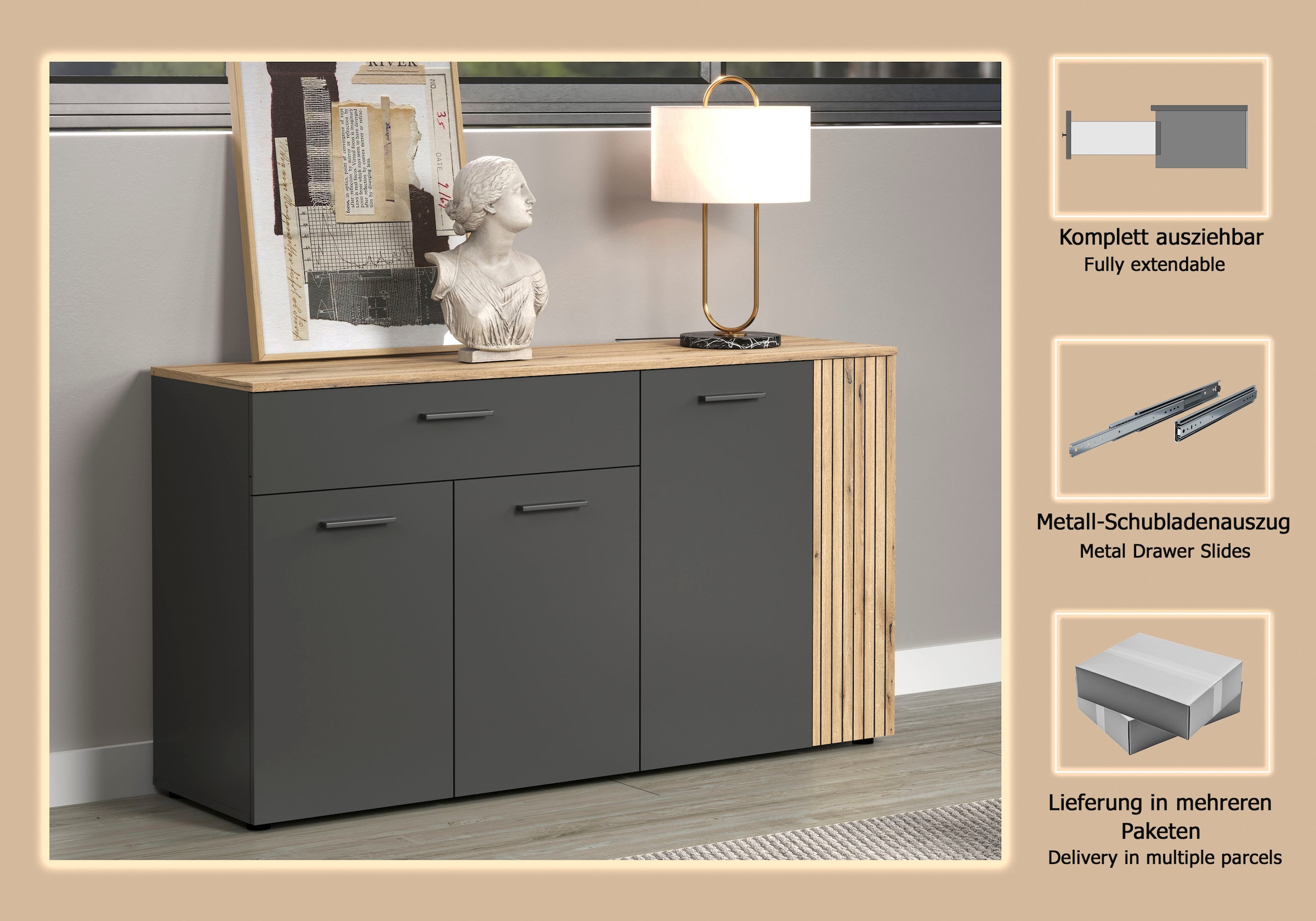Home affaire Buffet »Estepona« 1 cuis tlg. commode, aspect panneau acoustique ; largeur 150 cm