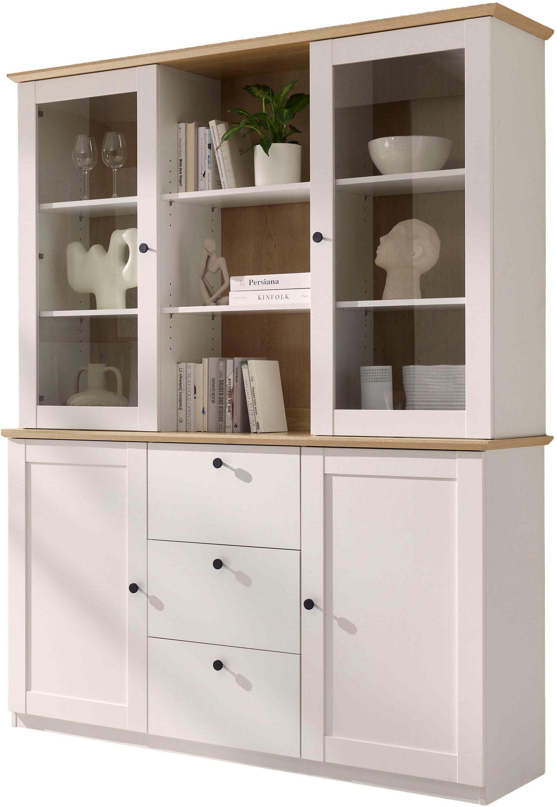 GOODproduct Buffet »Brest, Hochschrank im Landhausstil, Schrank, Küchenschrank« schwarze Metallgriffe, viel Stauraum, Glastüren, 164 cm breit