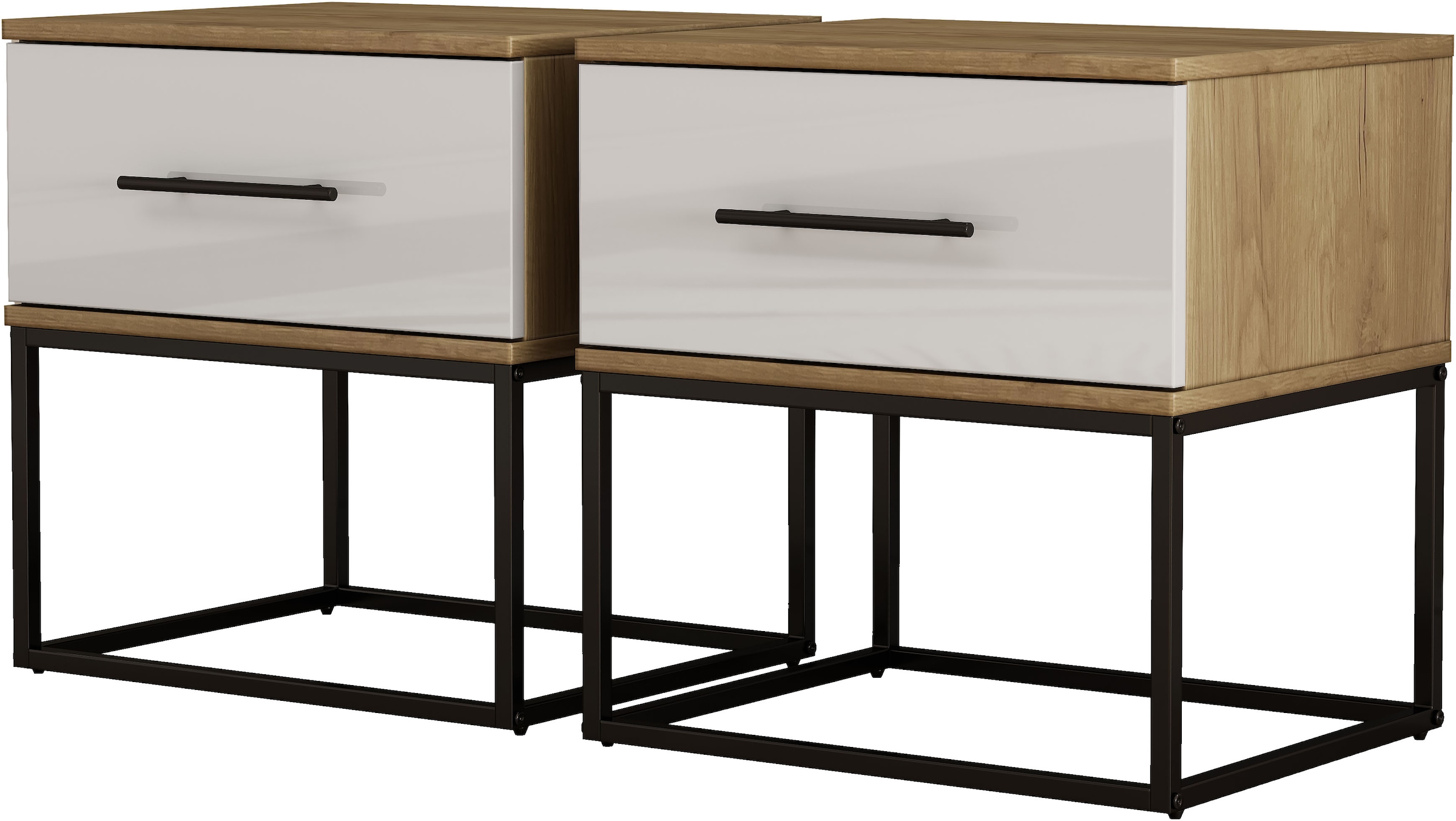 GOODproduct Table de nuit »Lucca Nachttisch Set mit Metallkufen und schwarzen Griffen« Set, 2 Schränke im Set , Hochglanz Fronten in weiss,  Nchttisch Set mit je einer Schublade in Loft Design