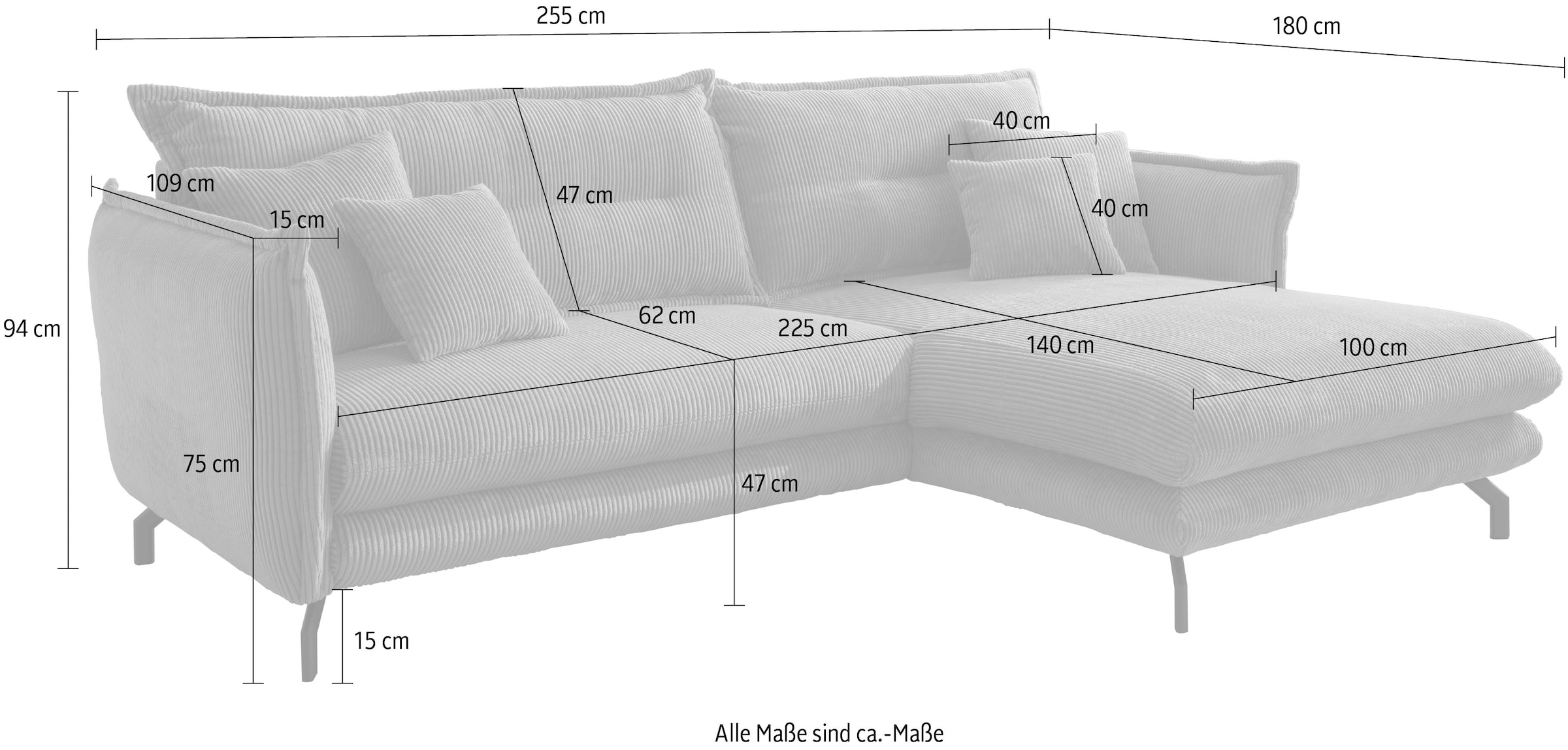 Home affaire Canapé d'angle »LAVA Breite 255 cm, modern und elegant, aktuelle Kissenoptik, L-Form« Armlehnen verstellbar
