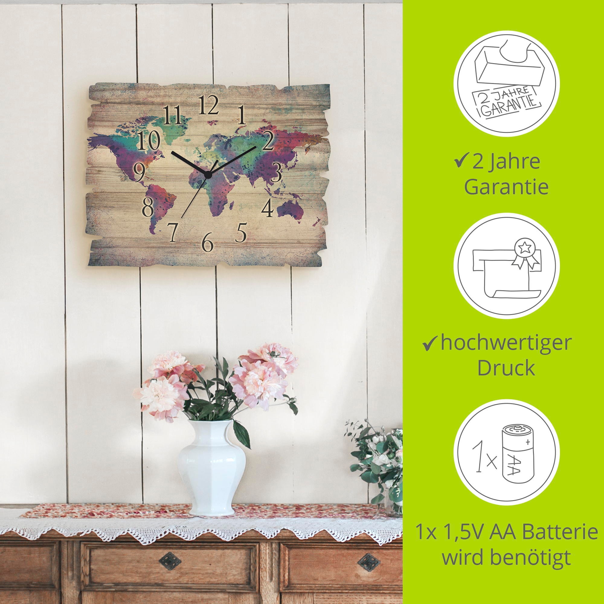Artland Wanduhr »Holzuhr bunte Weltkarte« wahlweise mit  Quarz- oder Funkuhrwerk, lautlos ohne Tickgeräusche