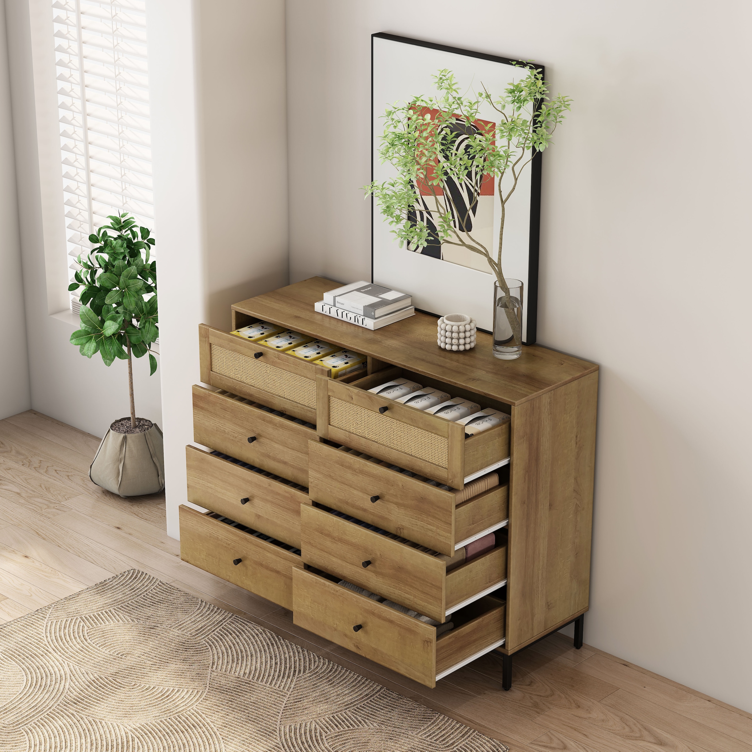 GOODproduct Kombikommode »Motala Wäsche Schrank mit 8 Schubladen Sideboard BOHO Design« Eichen-Design mit schwarzen Griffen und Geflecht Schubladen, 