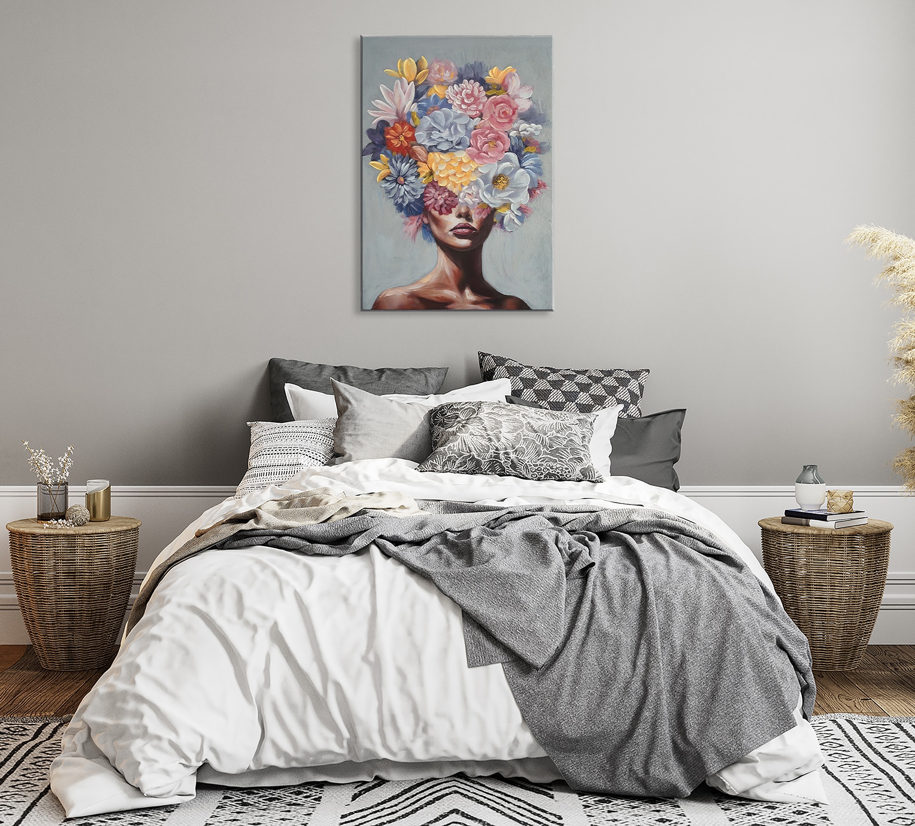 Bönninghoff Peinture à l'huile »handarbeit gerahmt FRAU MIT BLUMEN 60x90 cm – Wandbild Deko« Femme | Fleurs | Portrait 1 cuis tlg. fabriqué à la main, chaque image est unique, cadre à joint creux