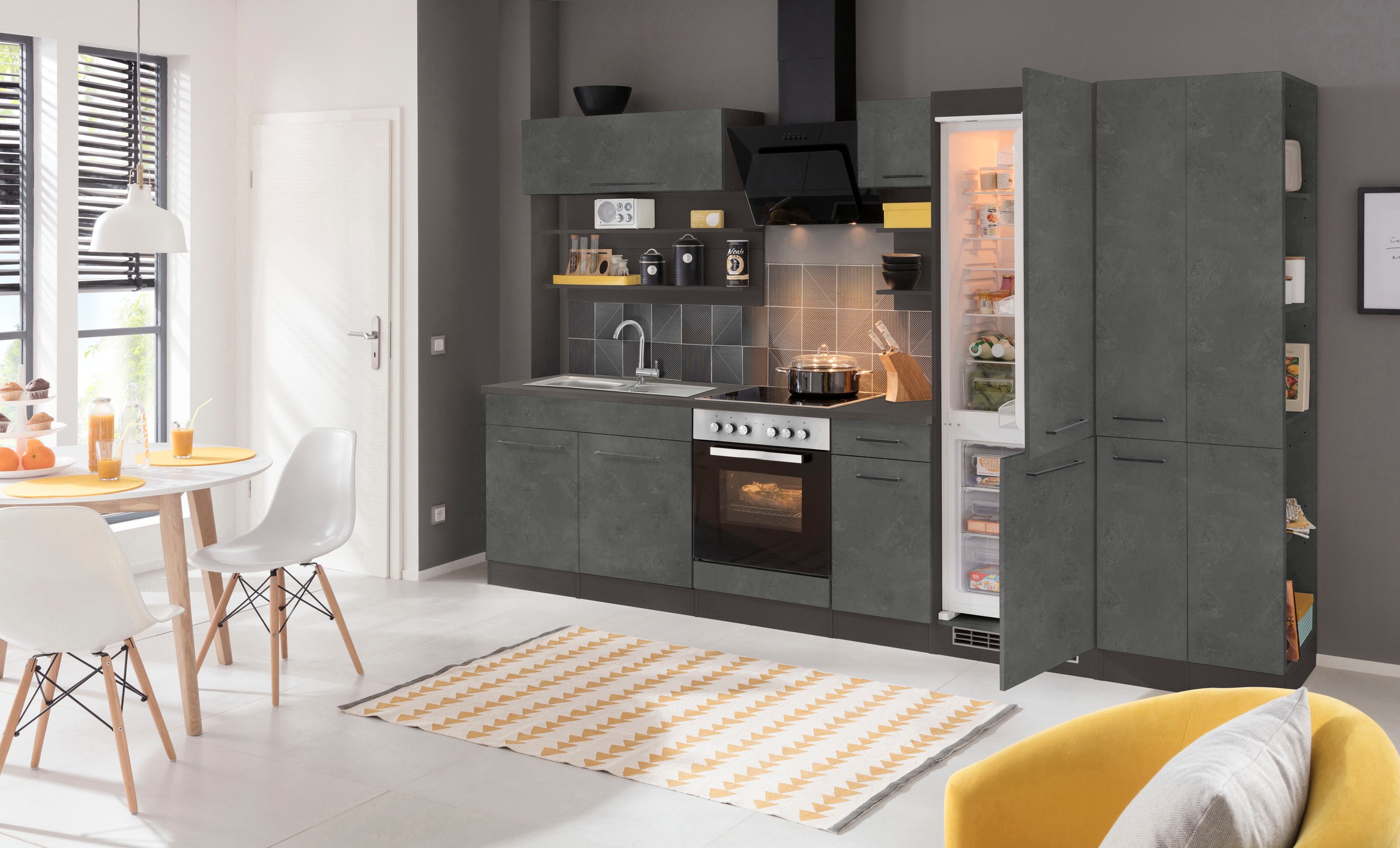 KOCHSTATION Küchenzeile »KS-Tulsa« ohne E-Geräte, Breite 300 cm, schwarze Metallgriffe, MDF Fronten