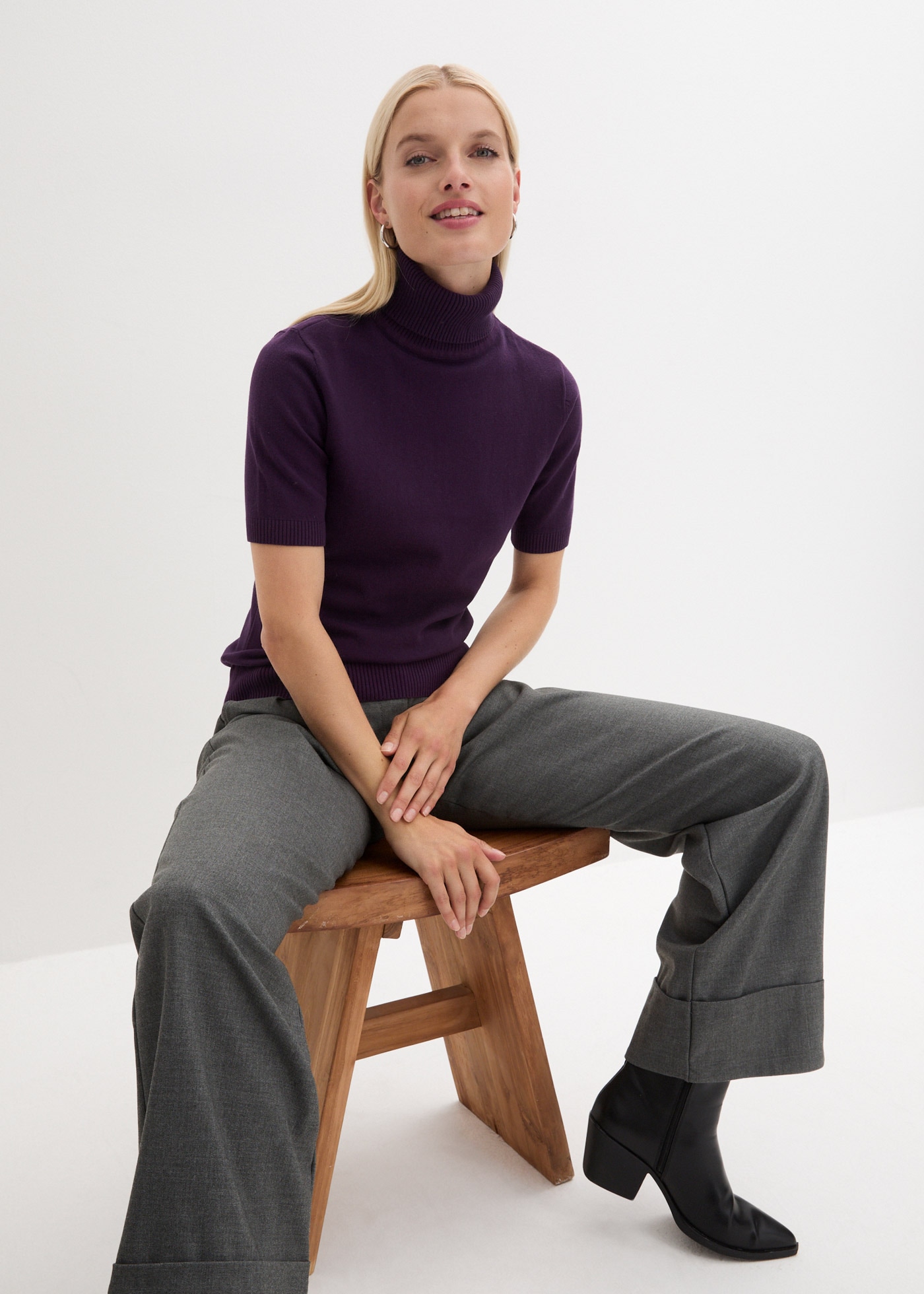 bonprix Pull à col roulé »Rollkragenpullover, Kurzarm« aus Baumwolle und Polyamid, mit Rollkragen, Kurzarm-Design