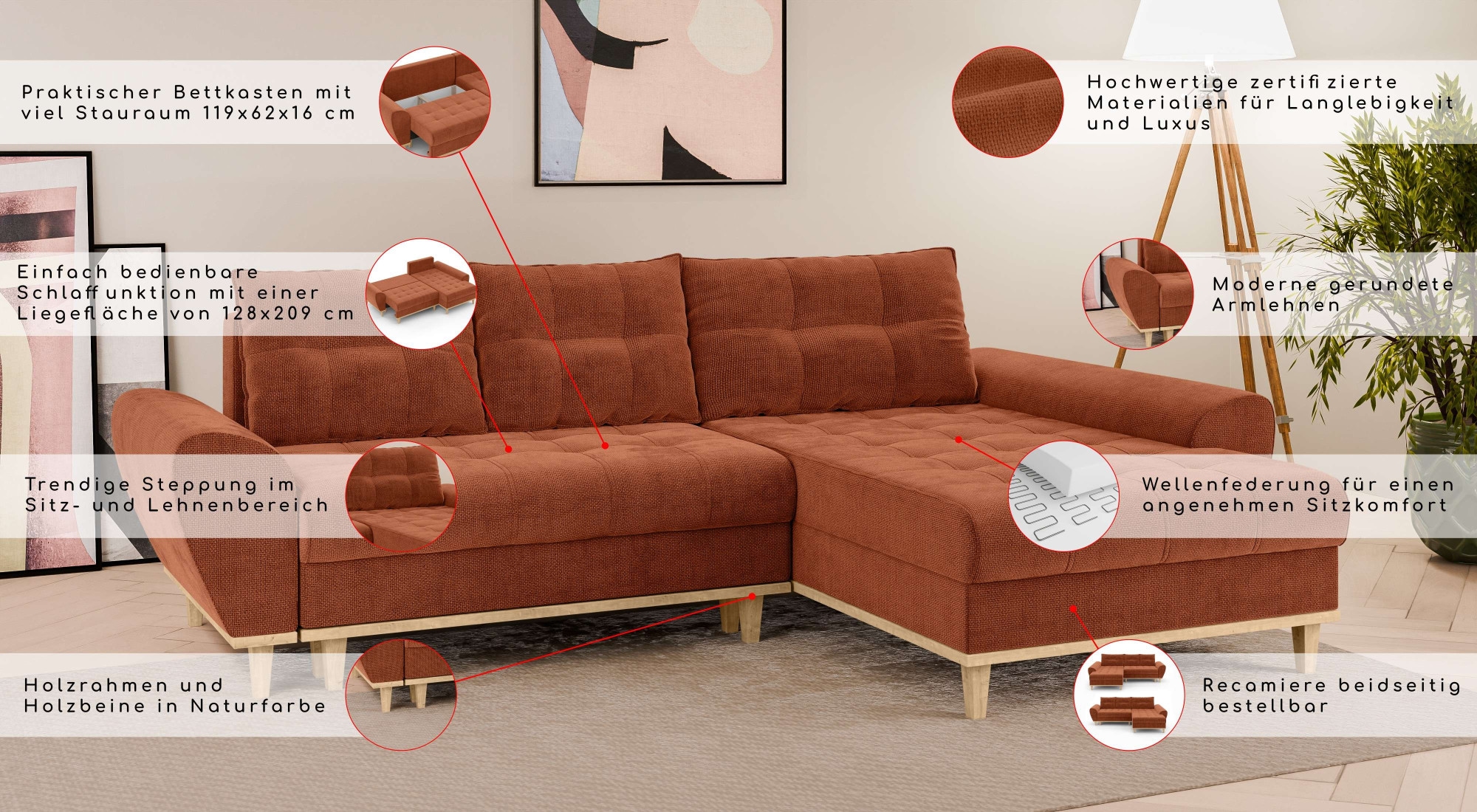 Home affaire Ecksofa »Ahrdorf mit Bettfunktion und Bettkasten, Masse: B/H/T 268/86/175 cm« L-Form mit 3 Rückenkissen  und moderne gerundete Armlehnen