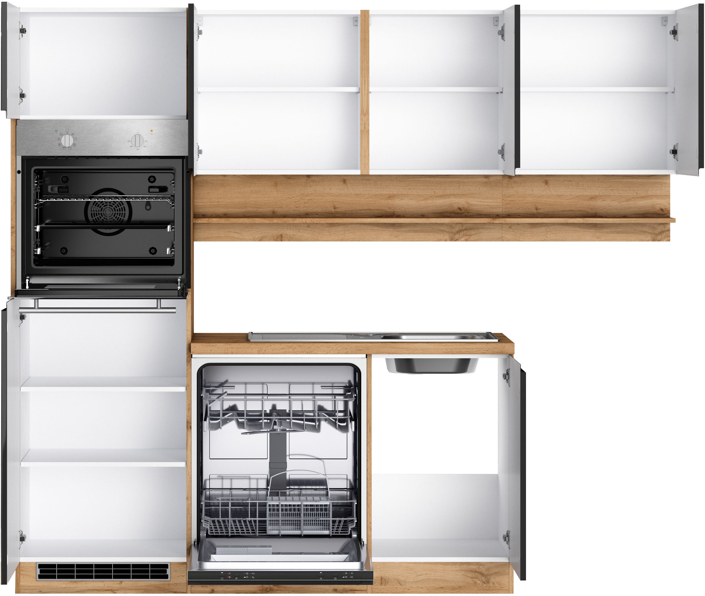 KOCHSTATION Cuisine d'angle »KS-Virginia,neu in verbesserter Ausführung« plan de travail épaisseur 38 mm, rangement, fermeture douce,  largeur réglable 230/190 cm, fermeture douce, avec appareils électriques en option