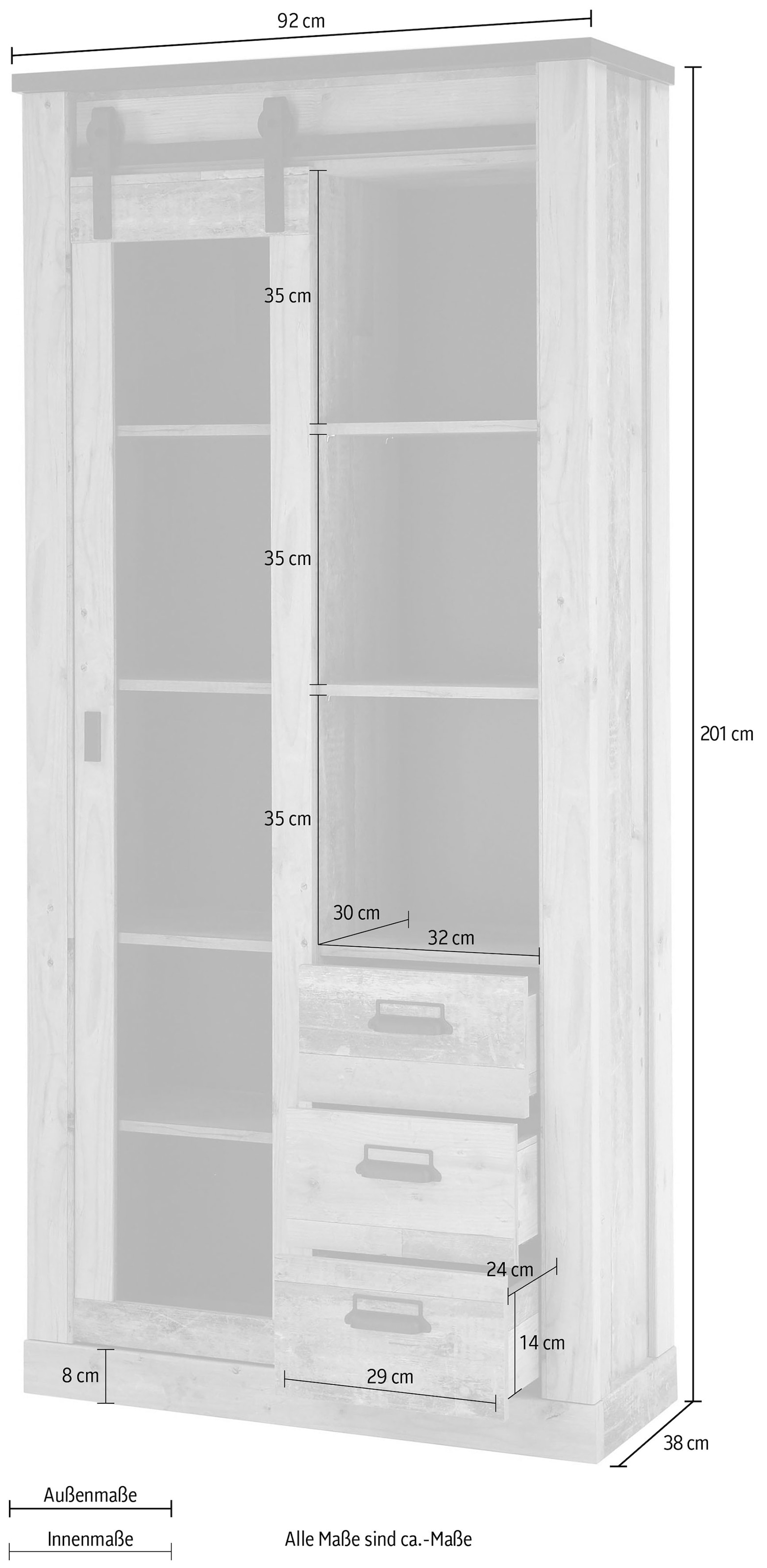 Home affaire Vitrine »Sherwood, Hochschrank im Industrial-Style, moderne Glasvitrine« Scheunentorbeschlag und Apothekergriffe aus Metall, Höhe 201 cm