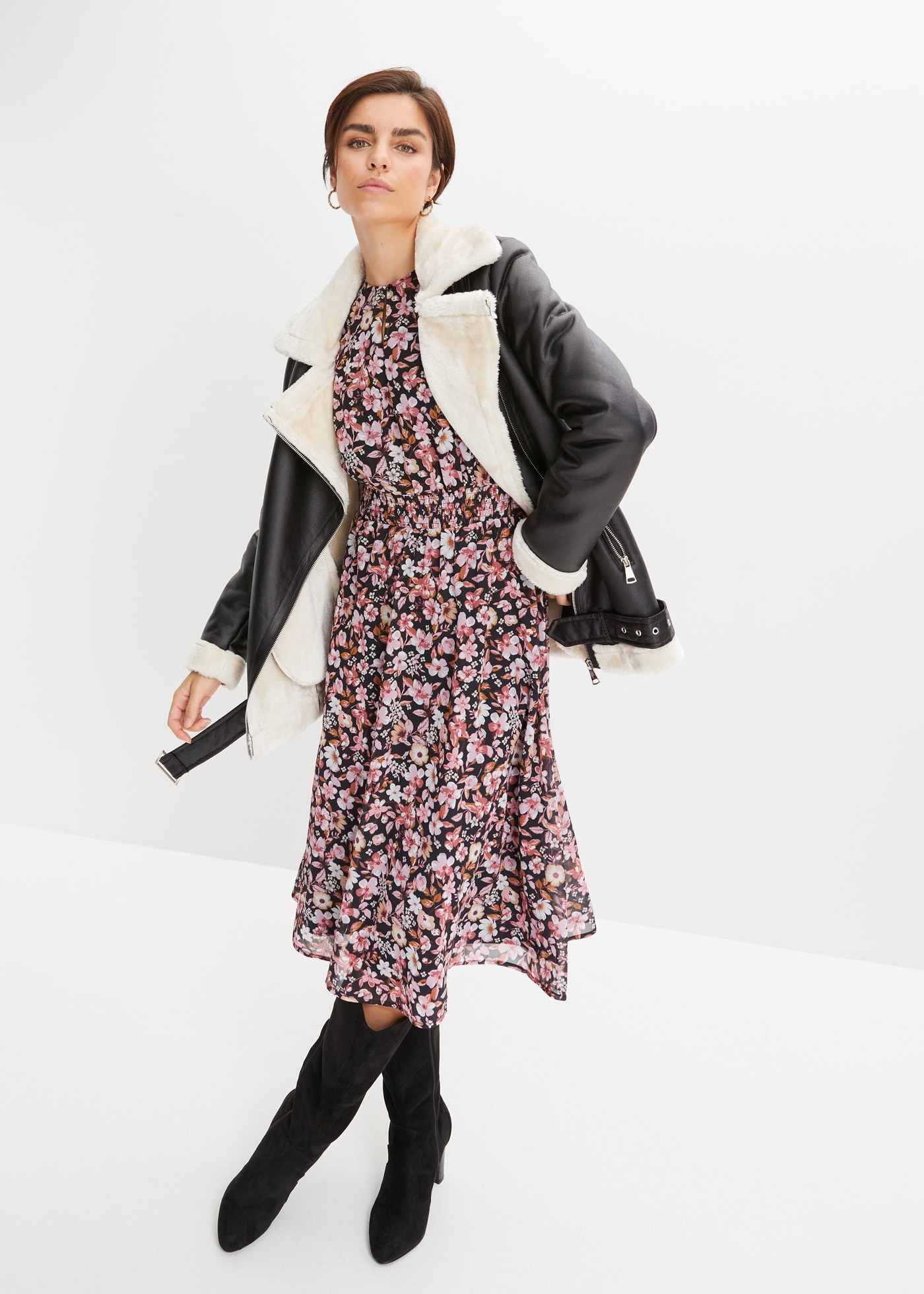 bonprix Bikerjacke Winterjacke mit Fellimitat im Bikerstil