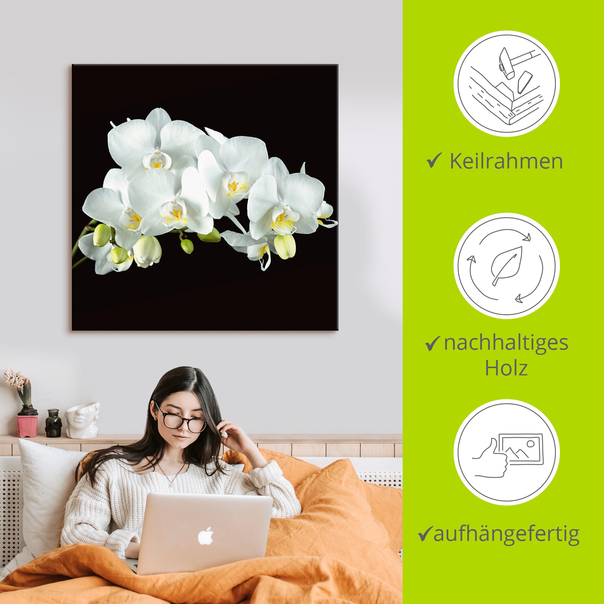 Artland Leinwandbild »Weisse Orchidee auf schwarzem Hintergrund« Blumen 1 Stk. tlg. als Leinwandbild, Poster, Wandaufkleber in verschied. Grössen