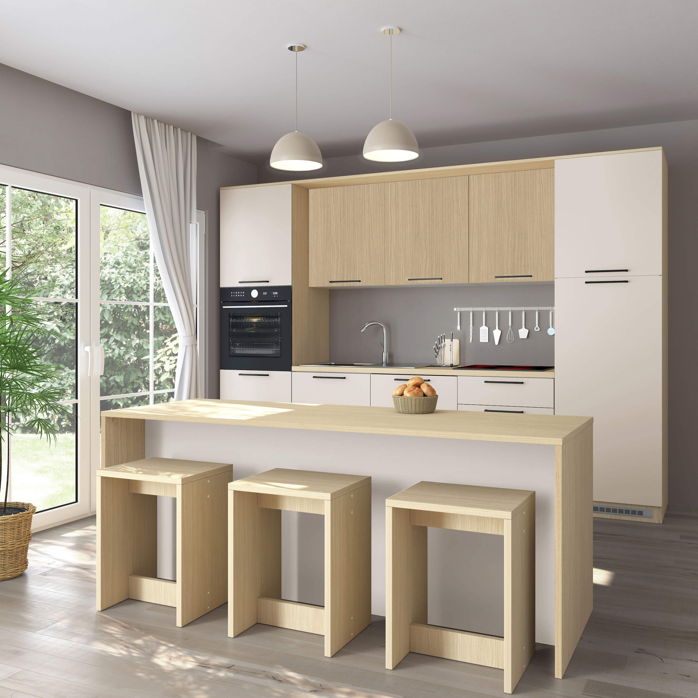 KOCHSTATION Ilot de cuisine »KS-Luna« largeur 225 cm, 4 portes, 8 compartiments intérieurs, 4 places assises, portes amorties