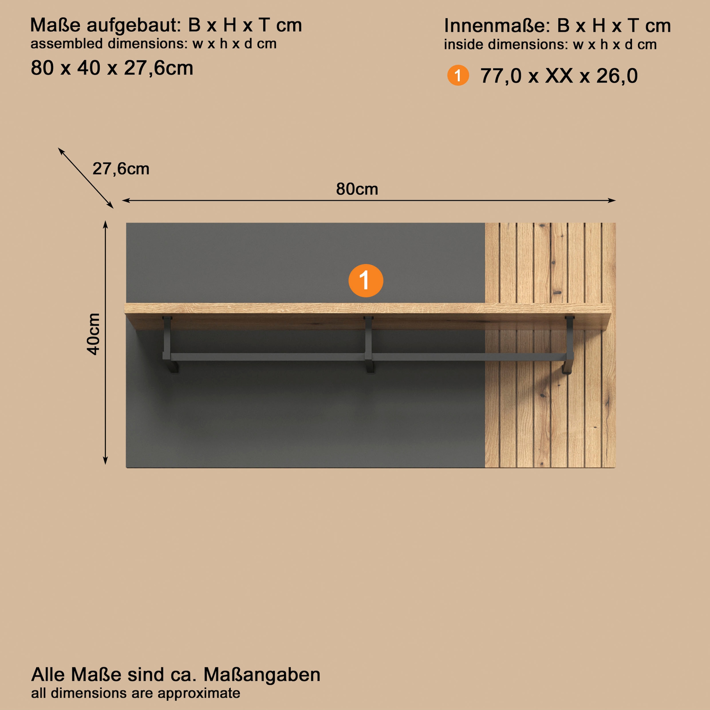 Home affaire Panneau de vestiaire »Estepona« 1 cuis tlg. Wandpaneel mit Hutablage und Kleiderstange - (B/T/H) 80/28/40 cm