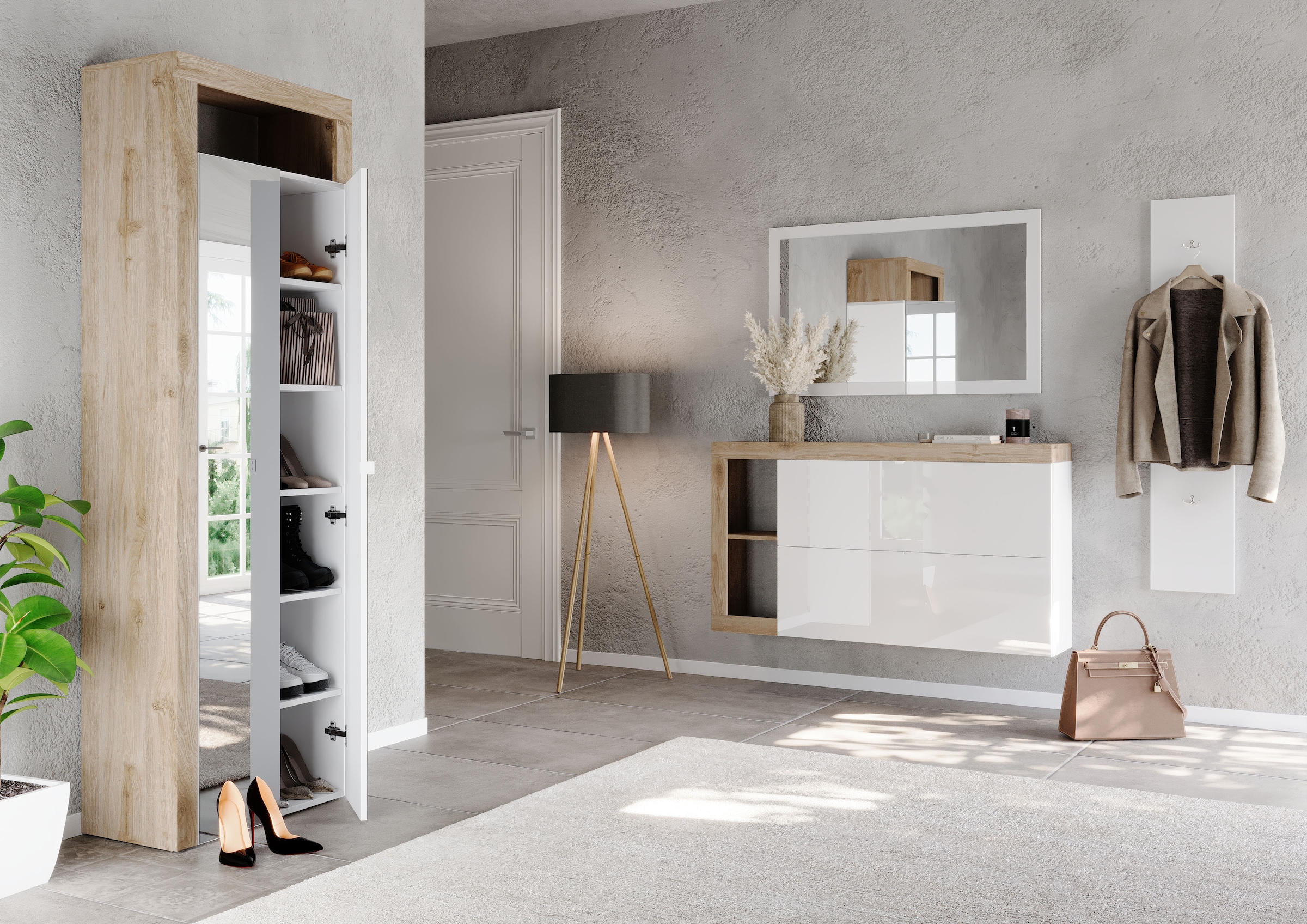 Home affaire Armoire à chaussures »Hamburg Höhe 195 cm, Hochschrank, 2 Spiegeltüren, dekorativer Rahmen,« Schuhregal mit 6 Ebenen, Ablagefach, verstellbare Böden, Metallgriff